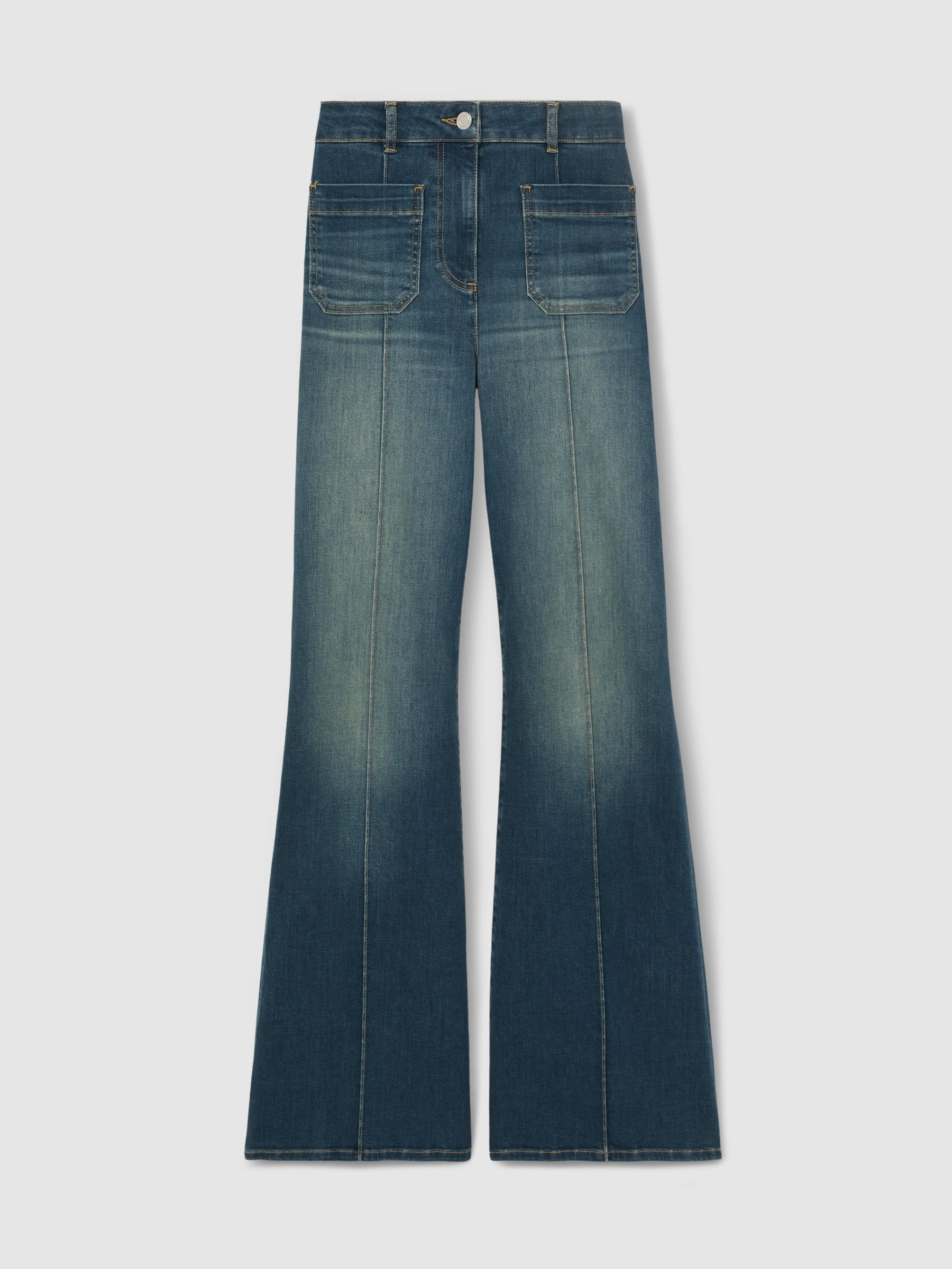 Patch-Pocket Flared Jeans in Mid Blue