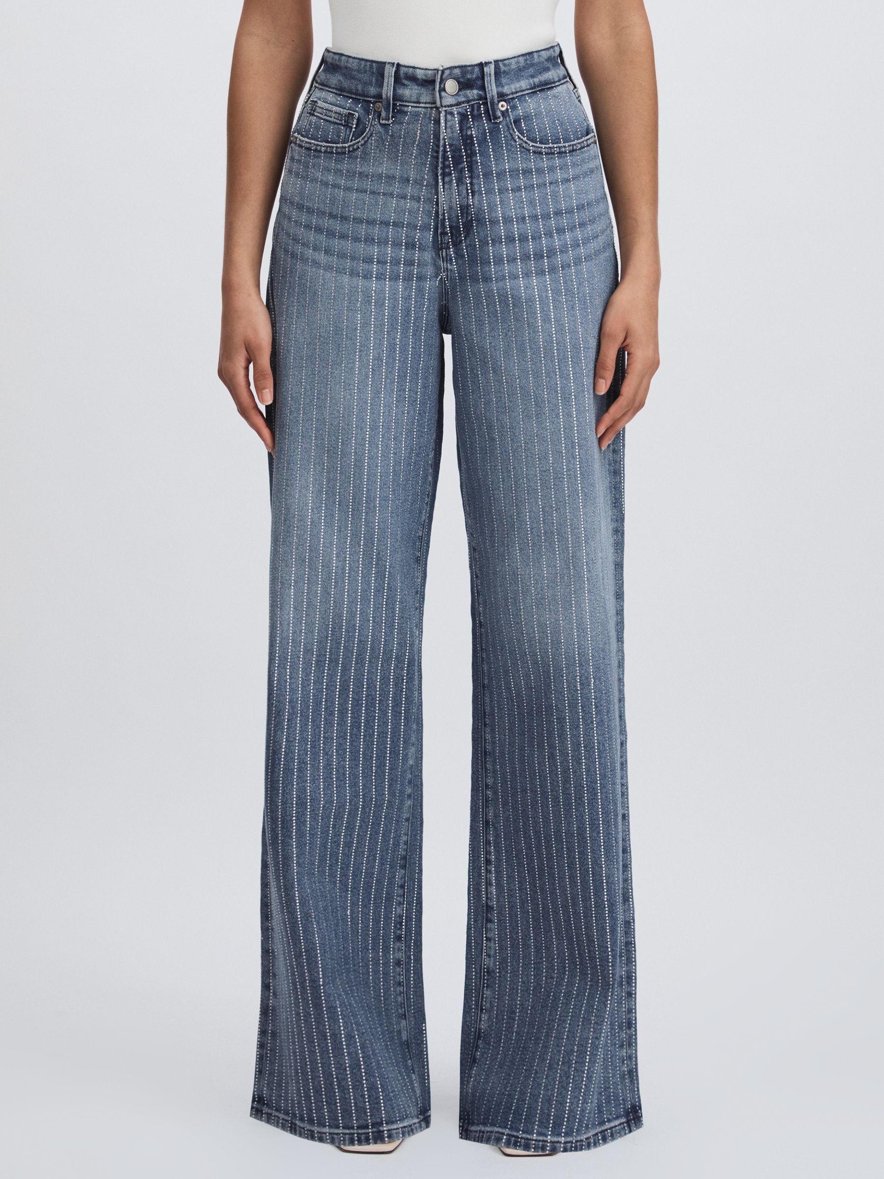 Good American Crystal-Stripe Relaxed Jeans in Light Blue