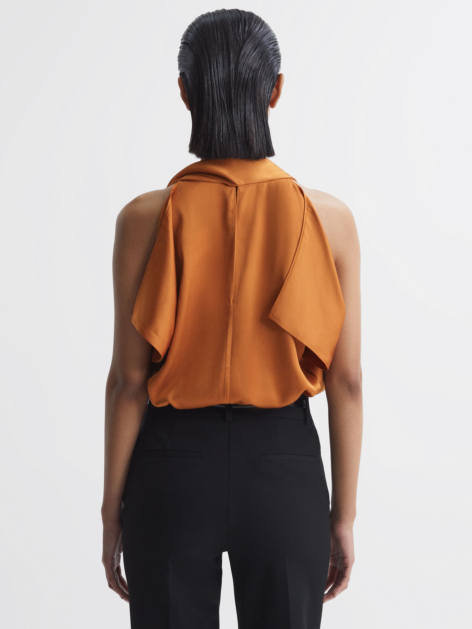 Tie Neck Draped Satin Blouse in Rust