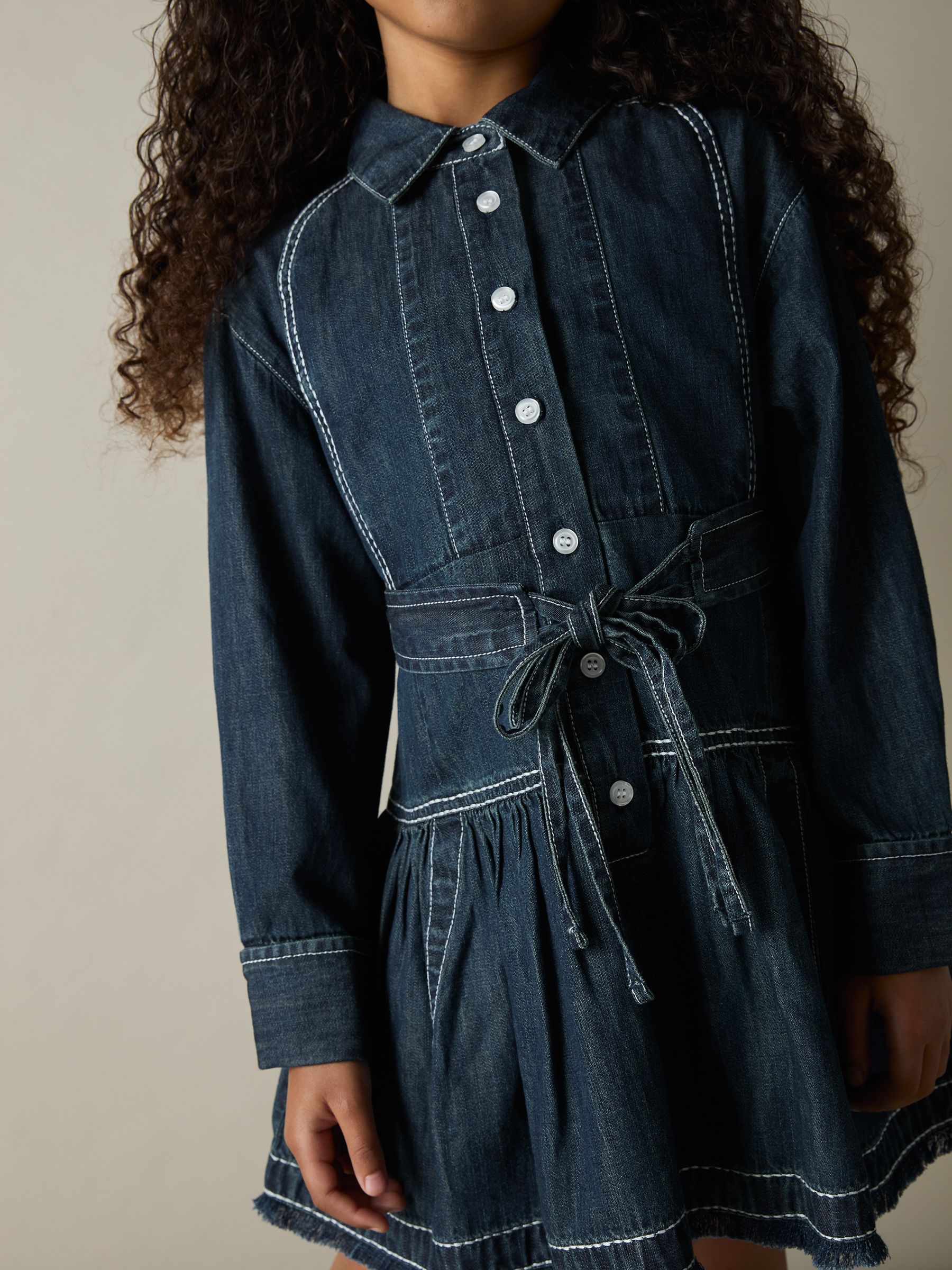 13-14 yrs Chambray Contrast-Stitch Flippy Dress in Blue