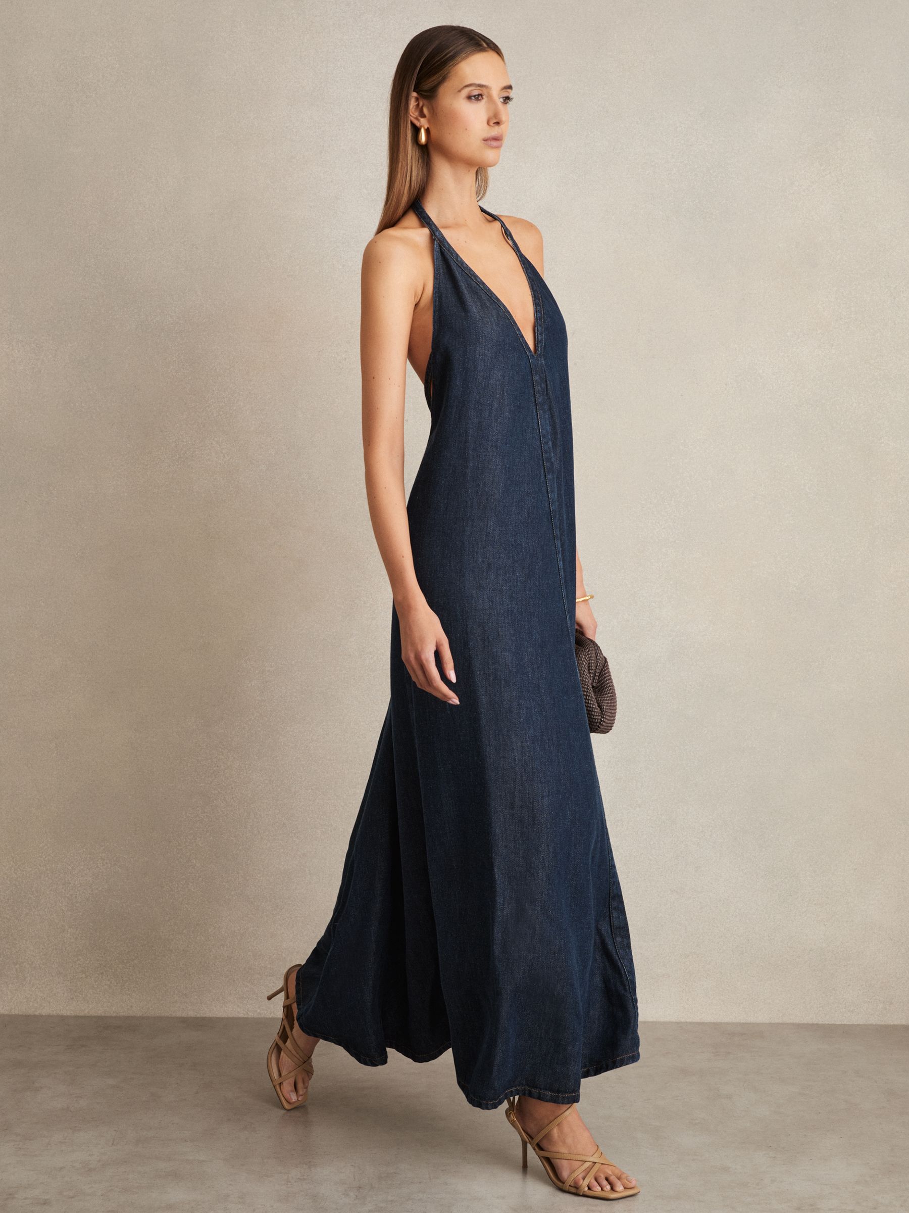 Denim Halterneck Maxi Dress in Indigo