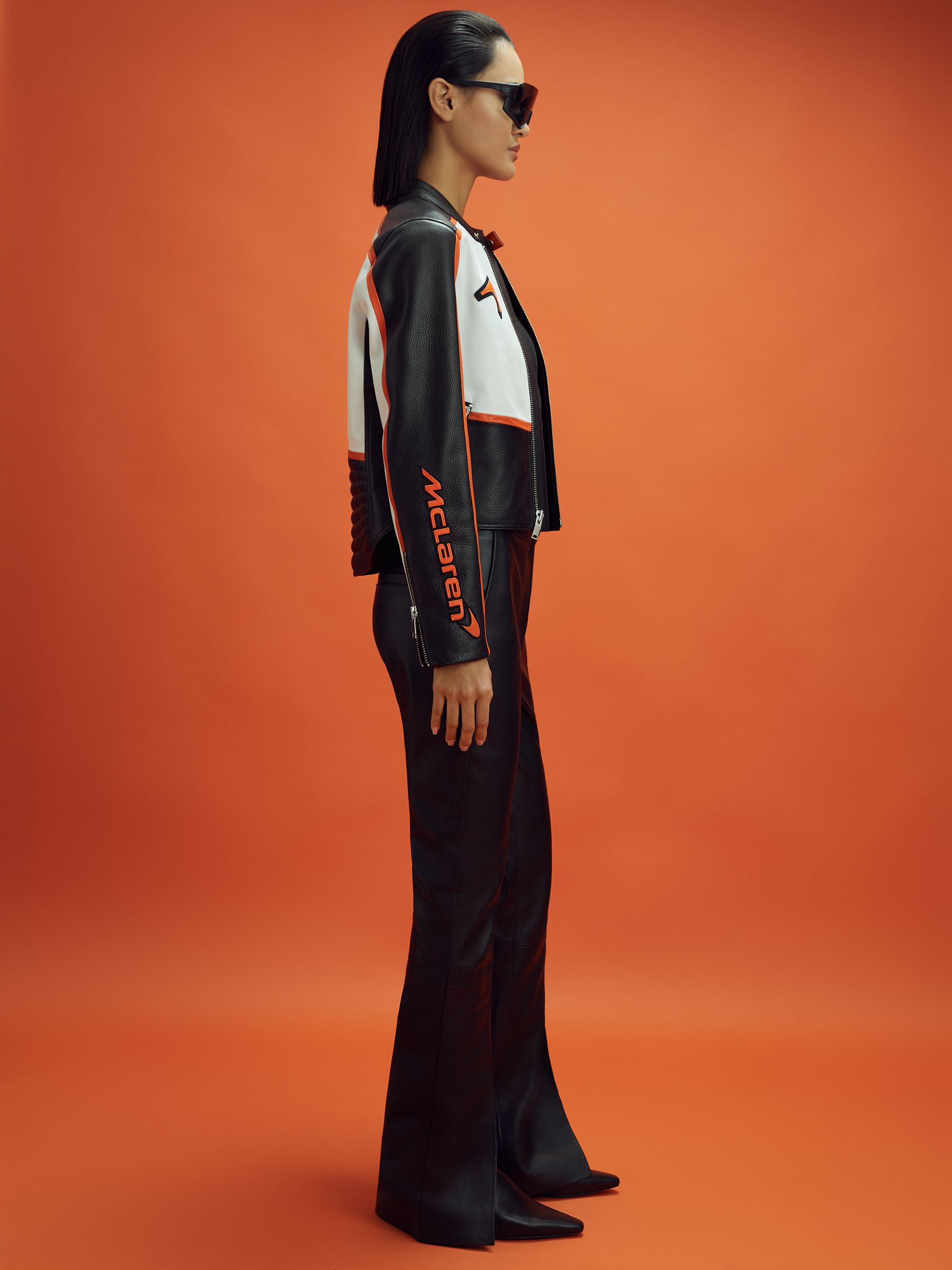 McLaren F1 Colourblock Leather Biker Jacket in Black/Papaya