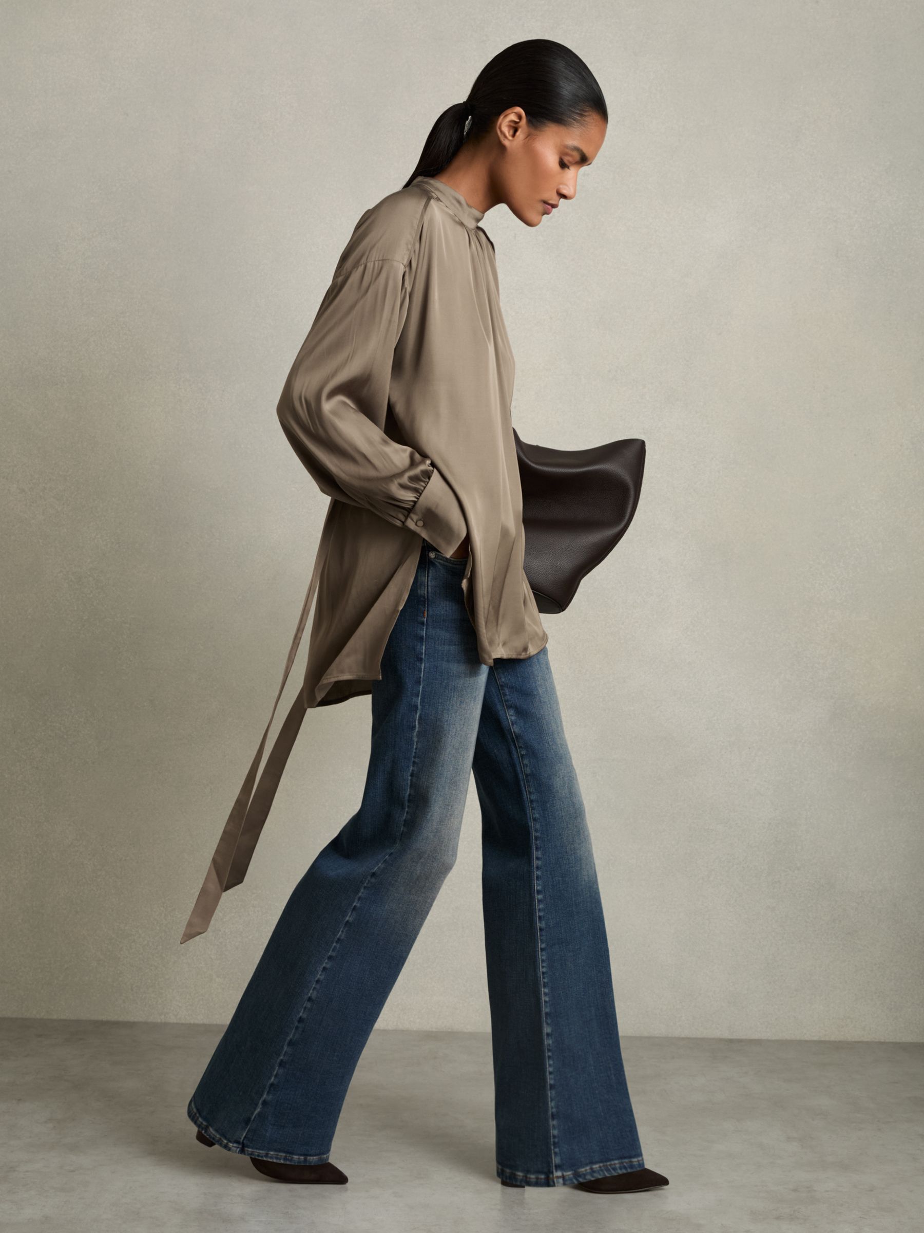 Woven High-Neck Belted Blouse in Mink