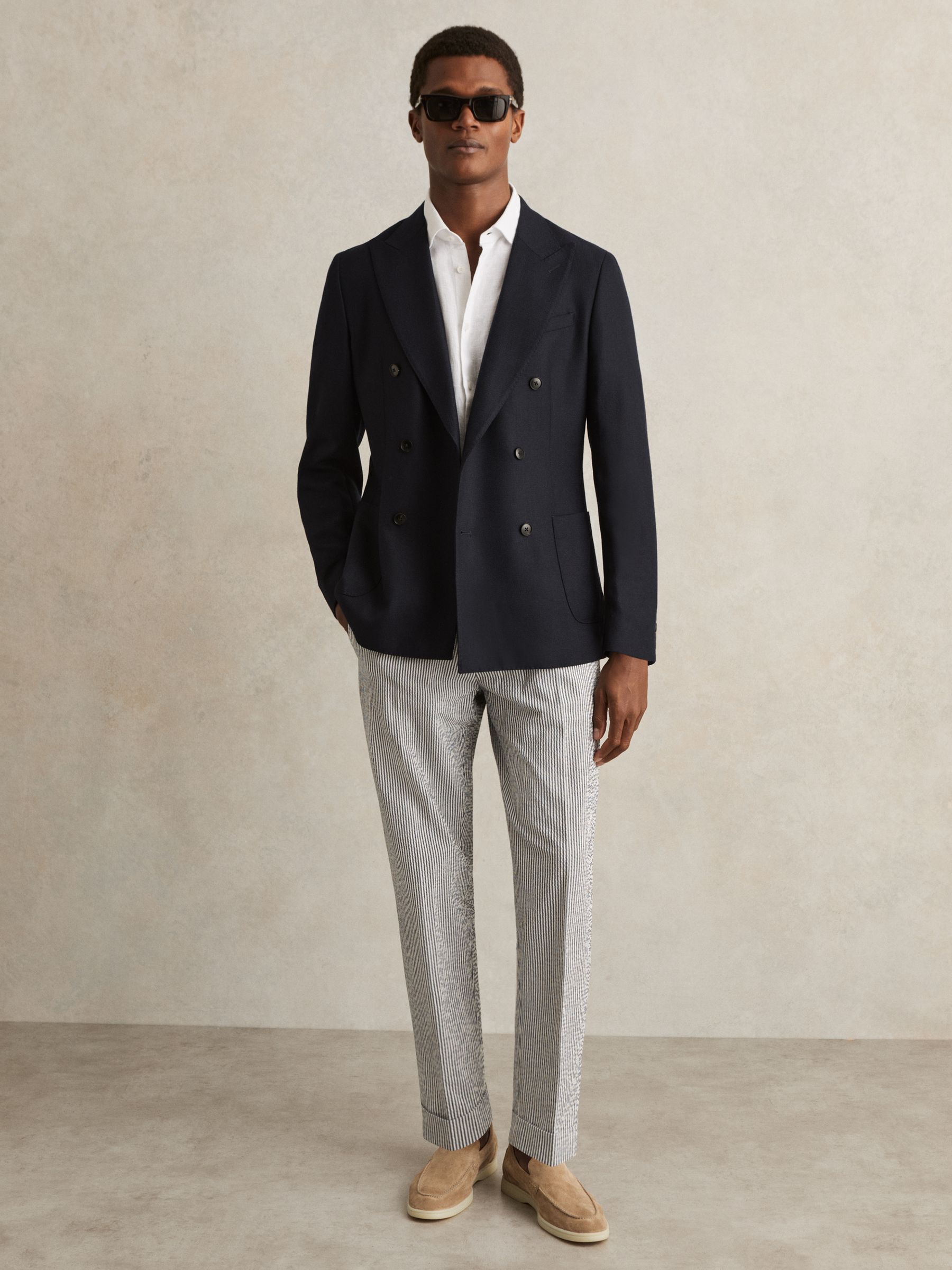 Stretch Seersucker Stripe Trousers in Navy/White