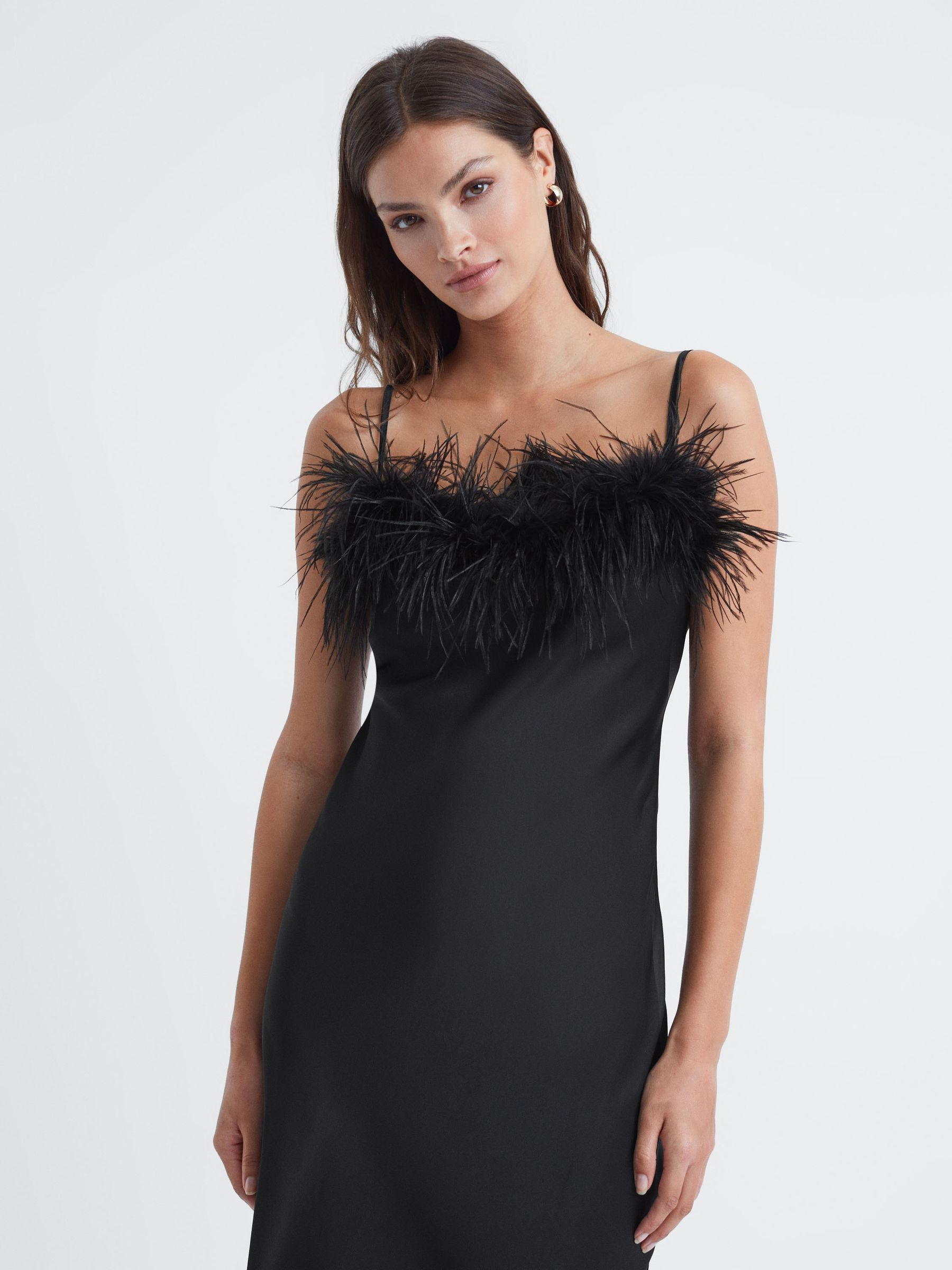 Sleeper Feather Midi Slip Dress in Black