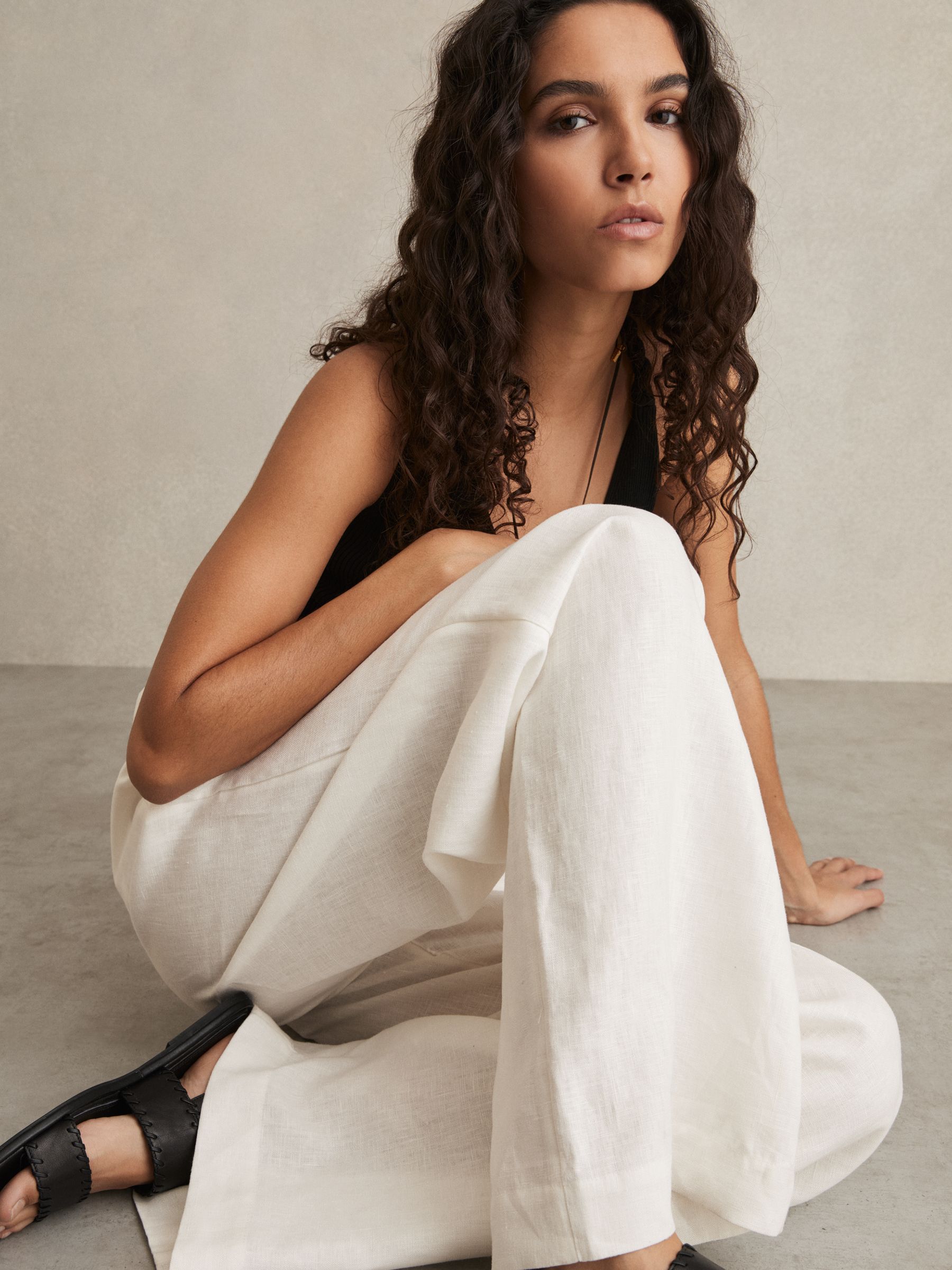 Petite Linen Belted Wide-Leg Trousers in White