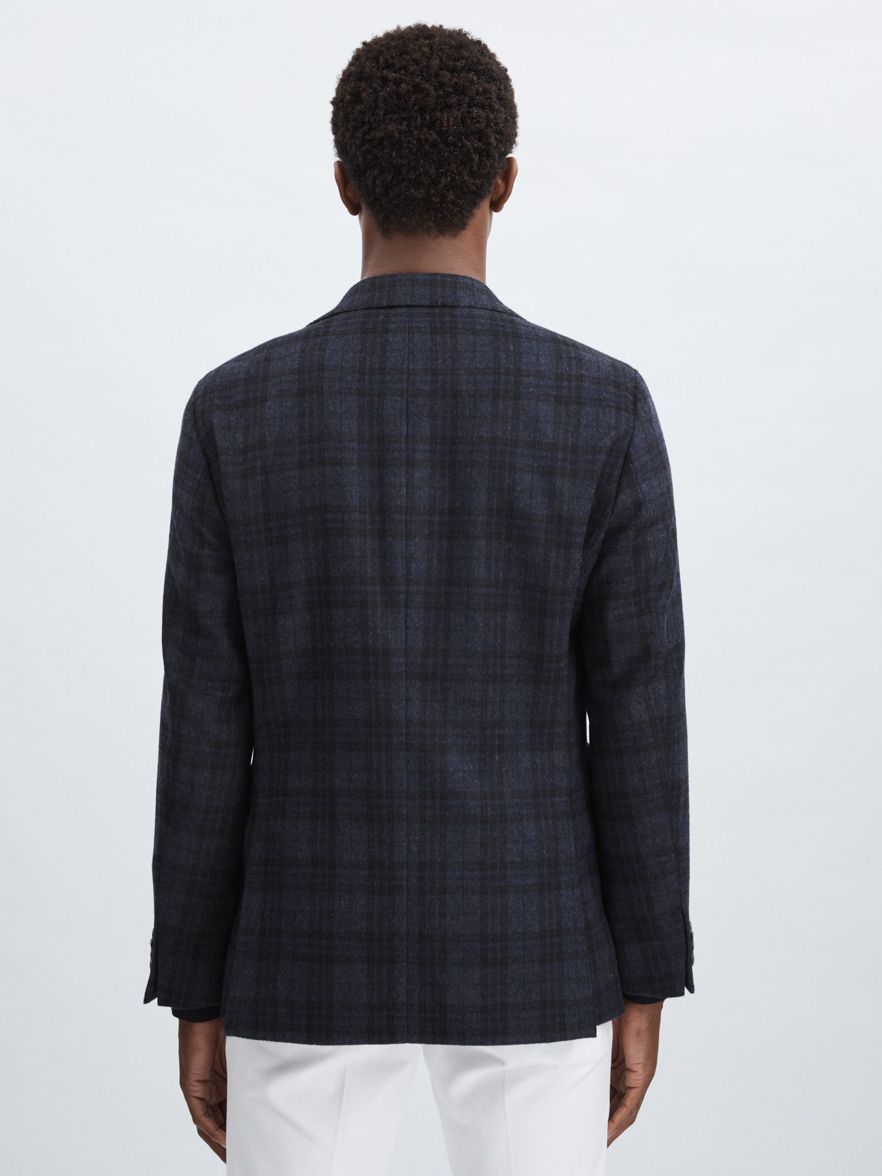 Oscar Jacobson Single Breasted Tweed Check Blazer in Navy