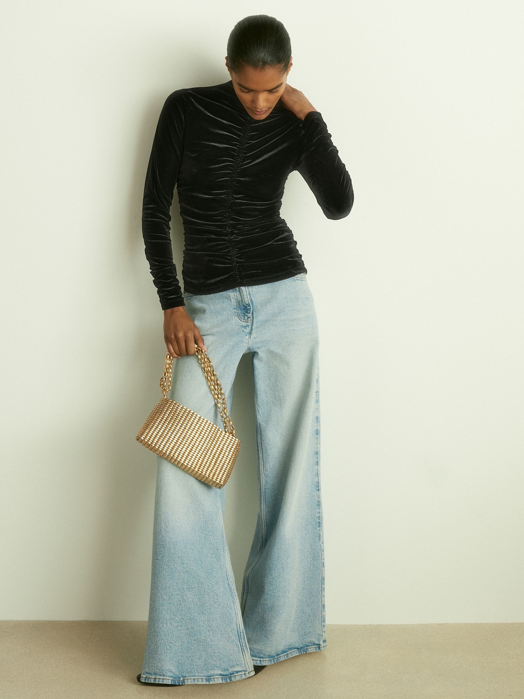 Velvet Ruched Long-Sleeve Top in Black