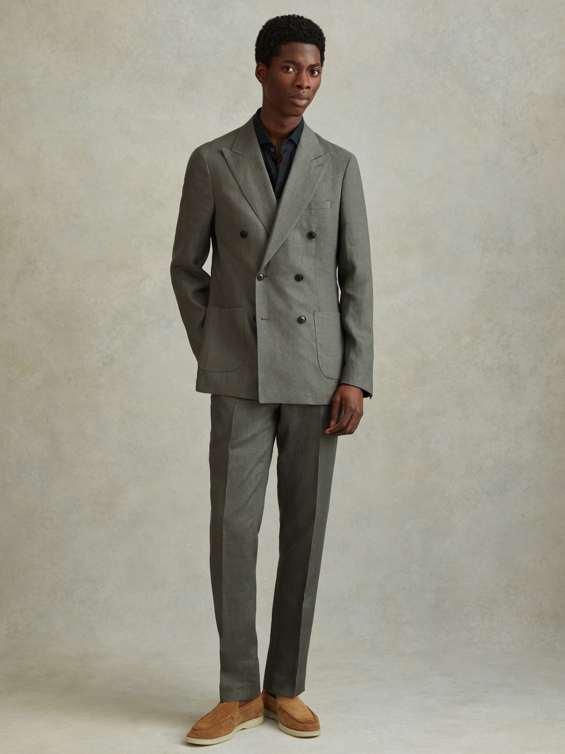 Linen Double Breasted Blazer in Dark Sage