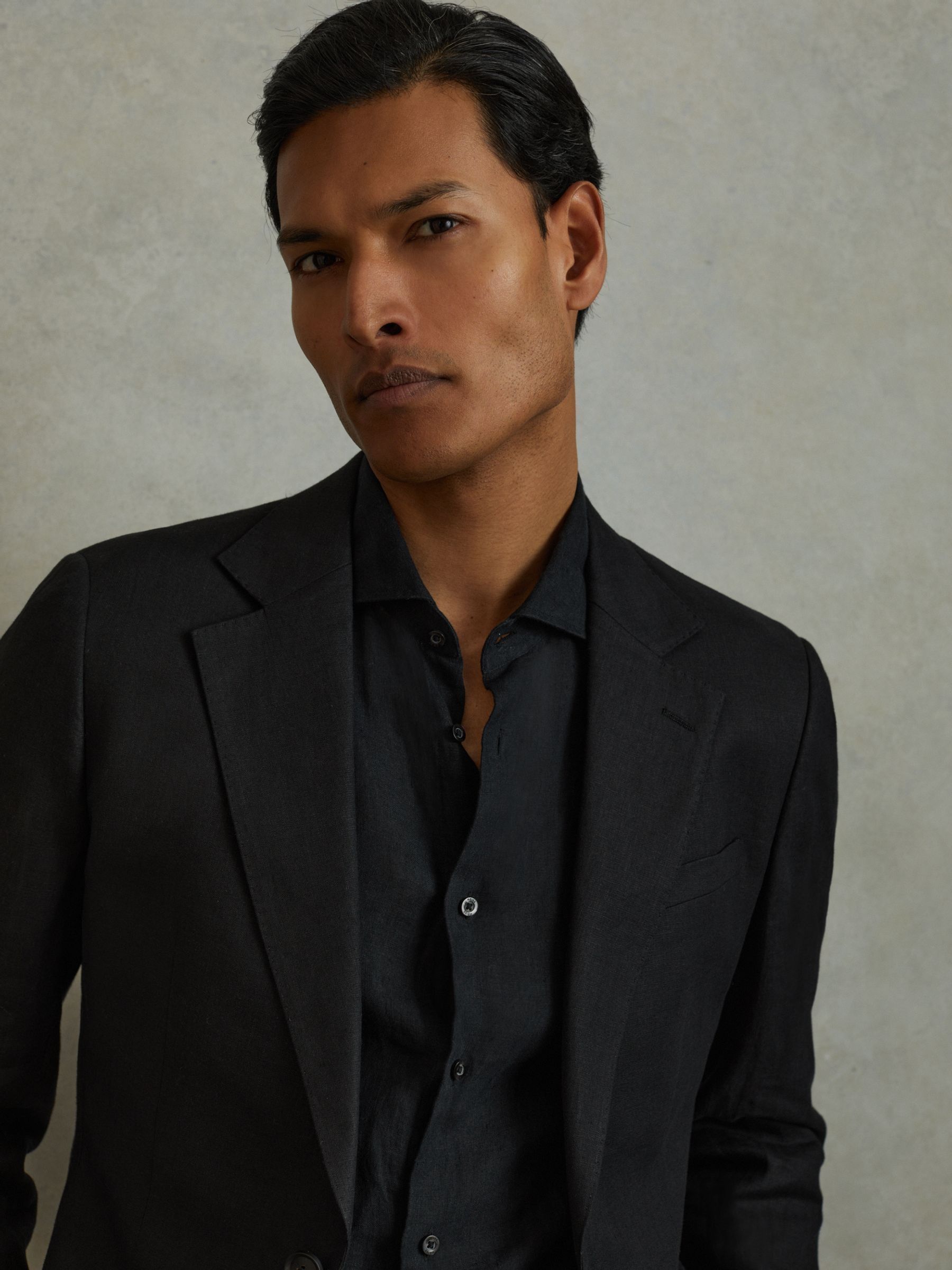 Single-Breasted Linen Suit Blazer Slim Fit in Black