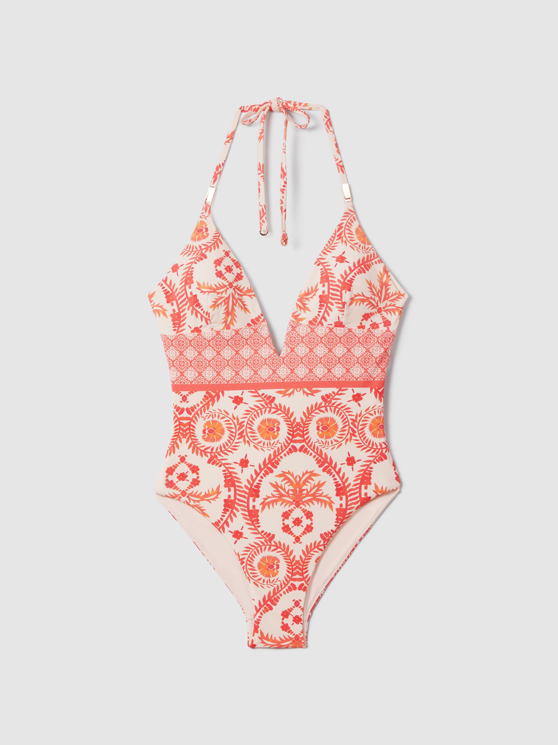 Printed Plunge Neck Swimsuit in Cream/Coral