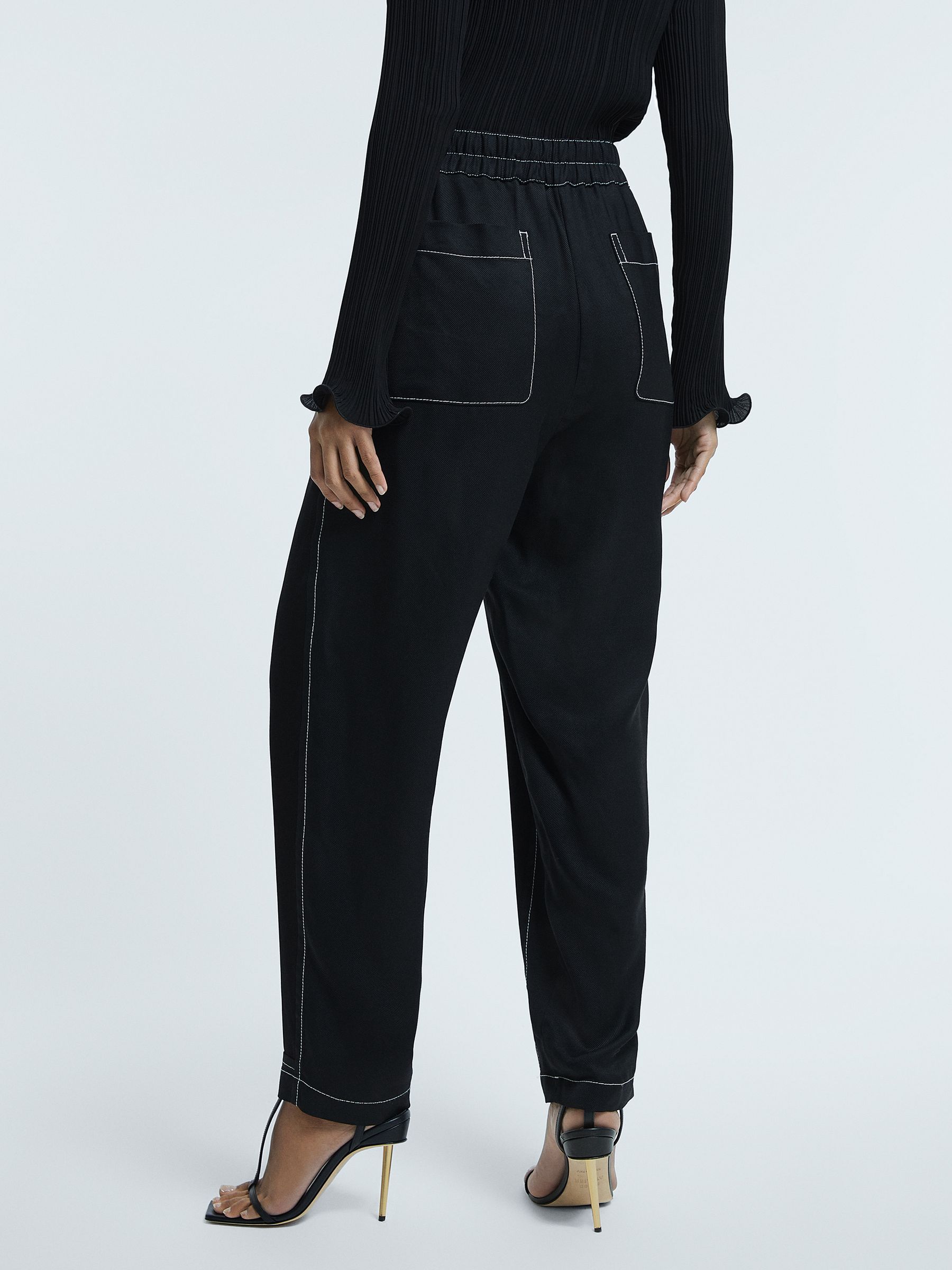 Atelier Italian Relaxed Contrast Stitch Drawstring Trousers in Black