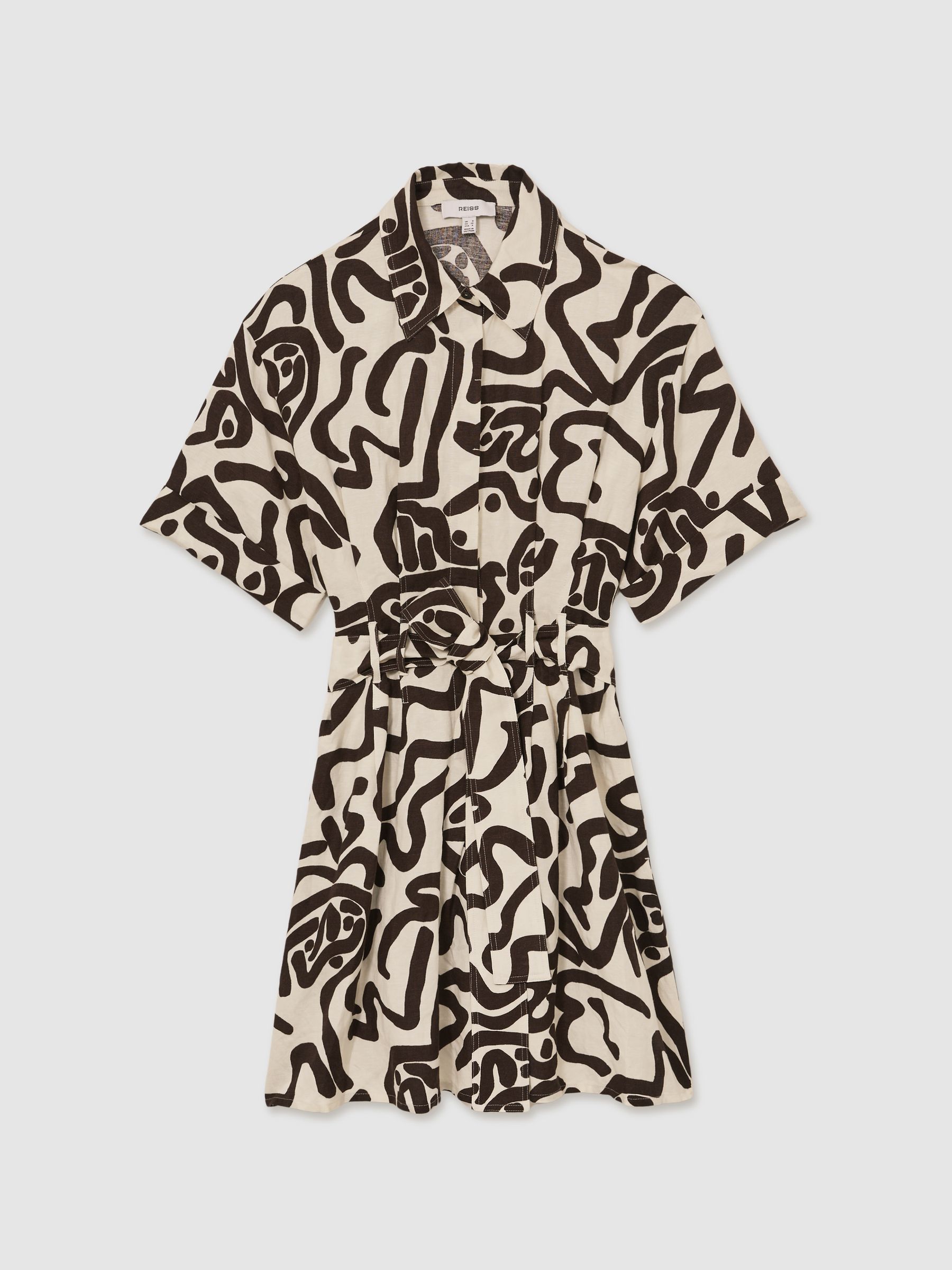 Linen Blend Printed Shirt Dress in Brown/Ivory