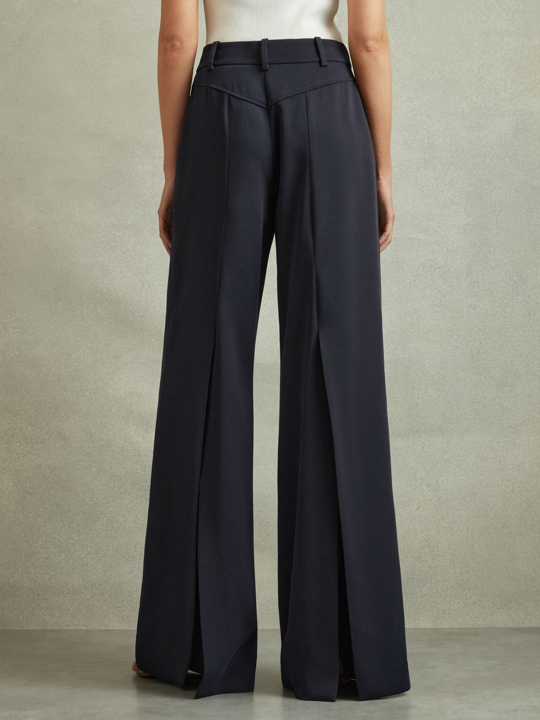 Wide Leg Split Hem Trousers in Navy