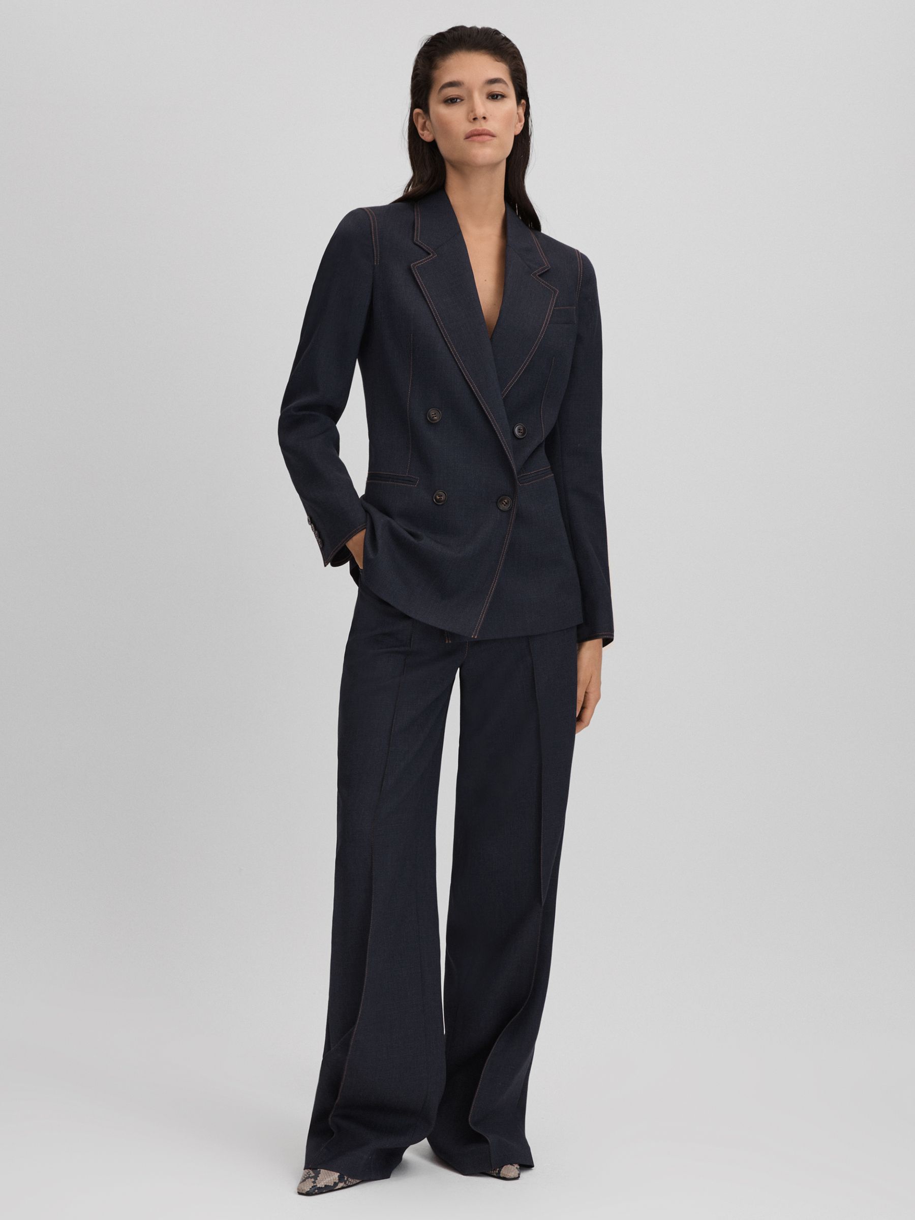 Wool Blend Denim Look Suit Blazer in Navy