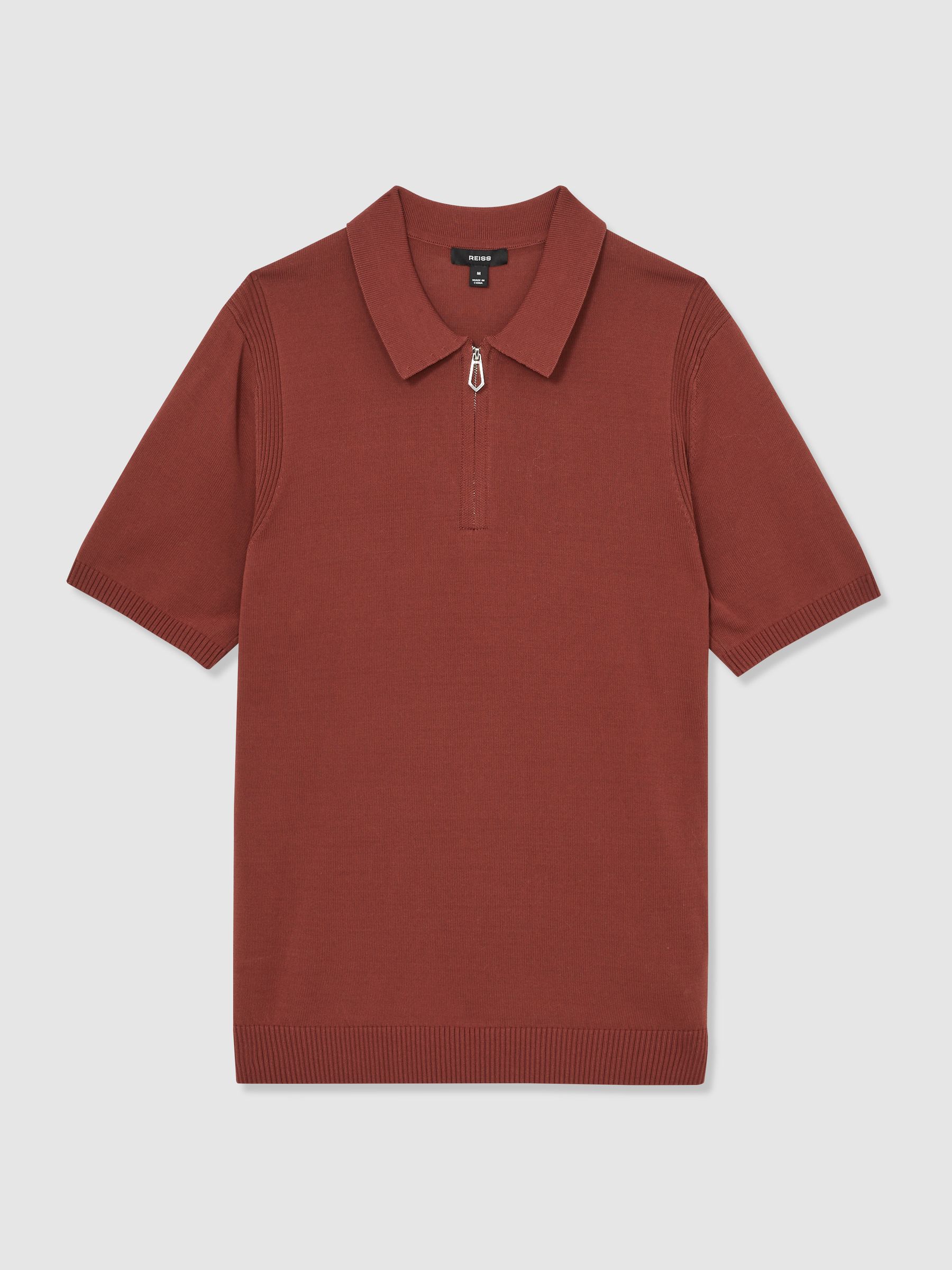 Cotton Half-Zip Knitted Polo Shirt in Rust