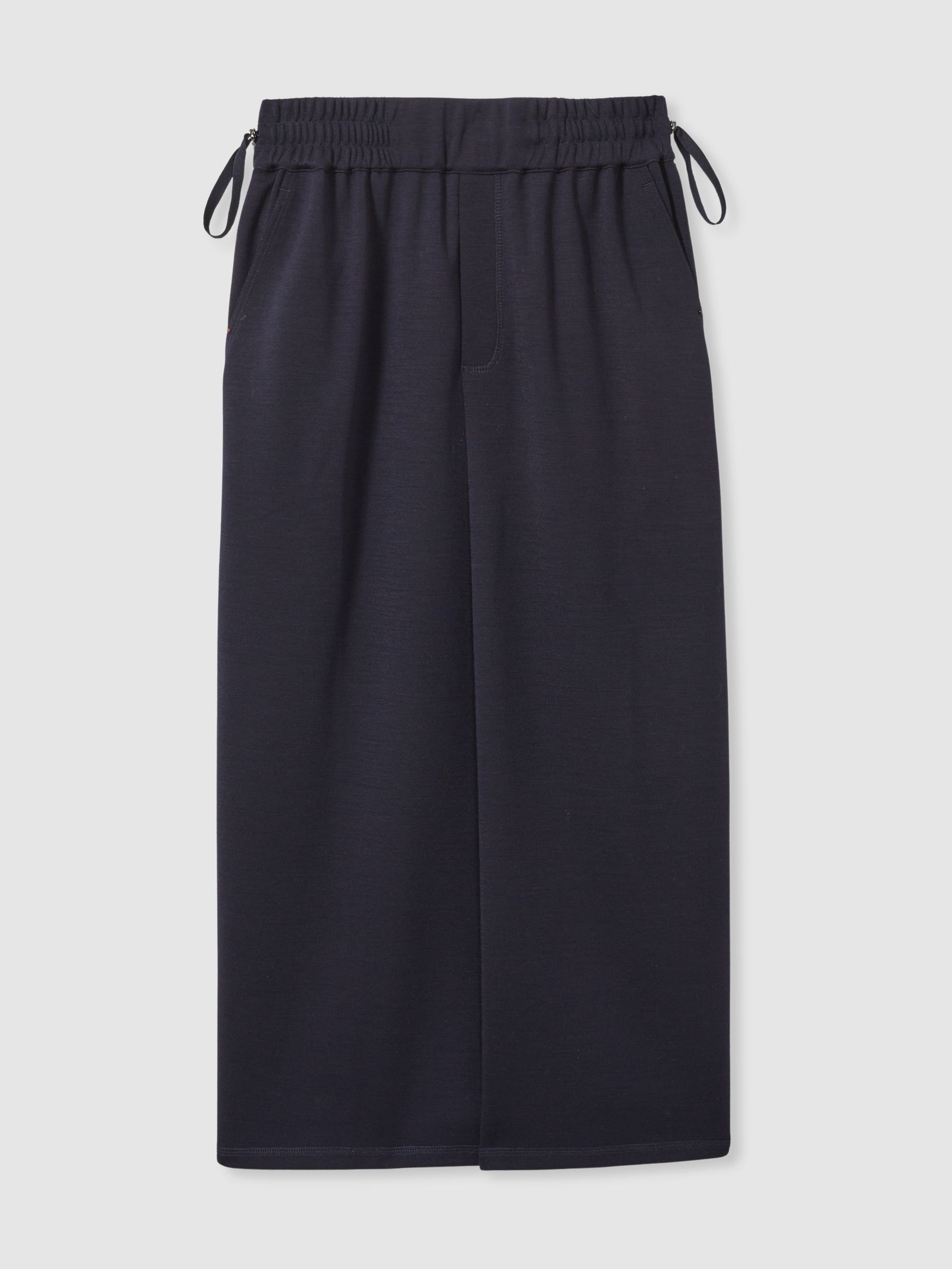 Wool-Blend Ruched Jersey Midi Skirt in Navy