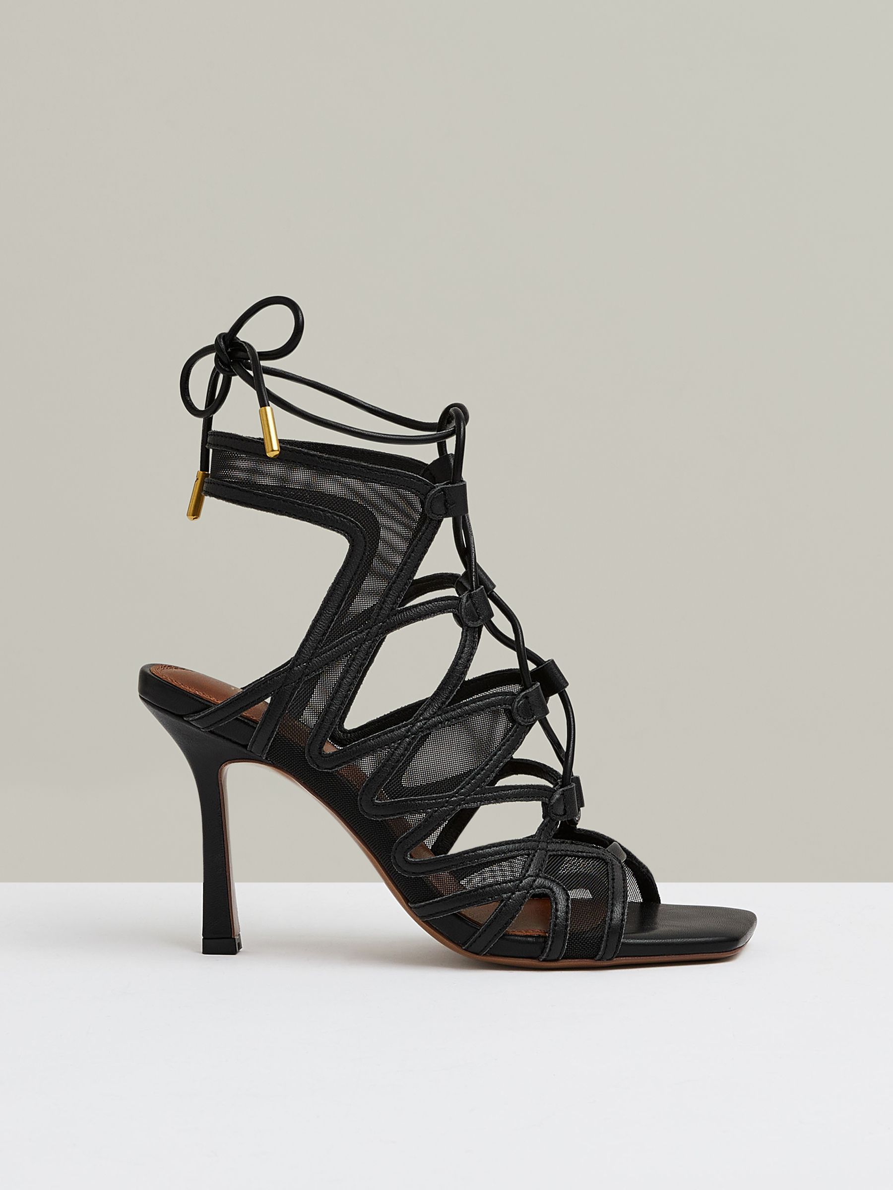 Mesh Leather Strappy Heels in Black