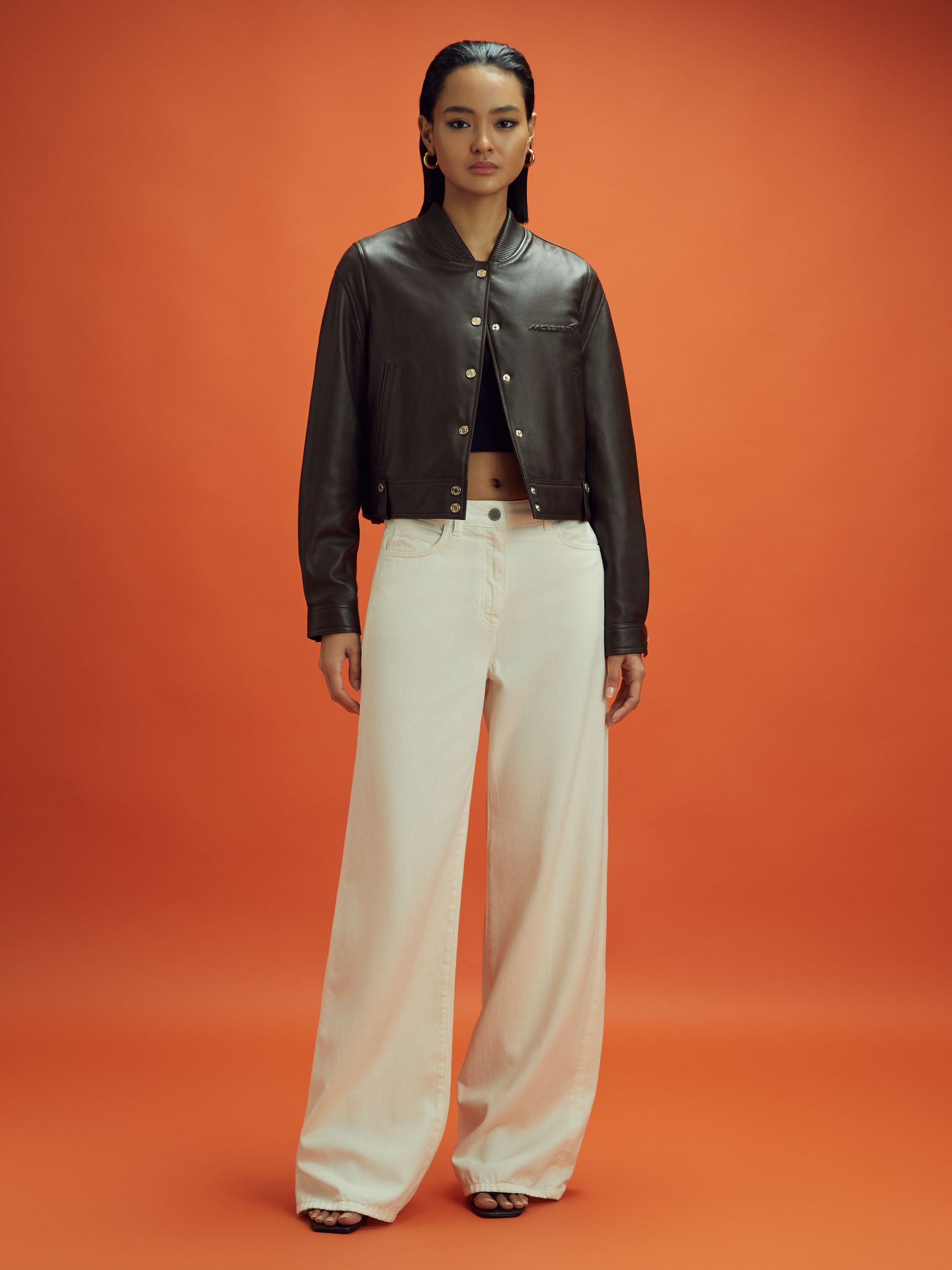 McLaren F1 Cropped Leather Bomber Jacket in Chocolate