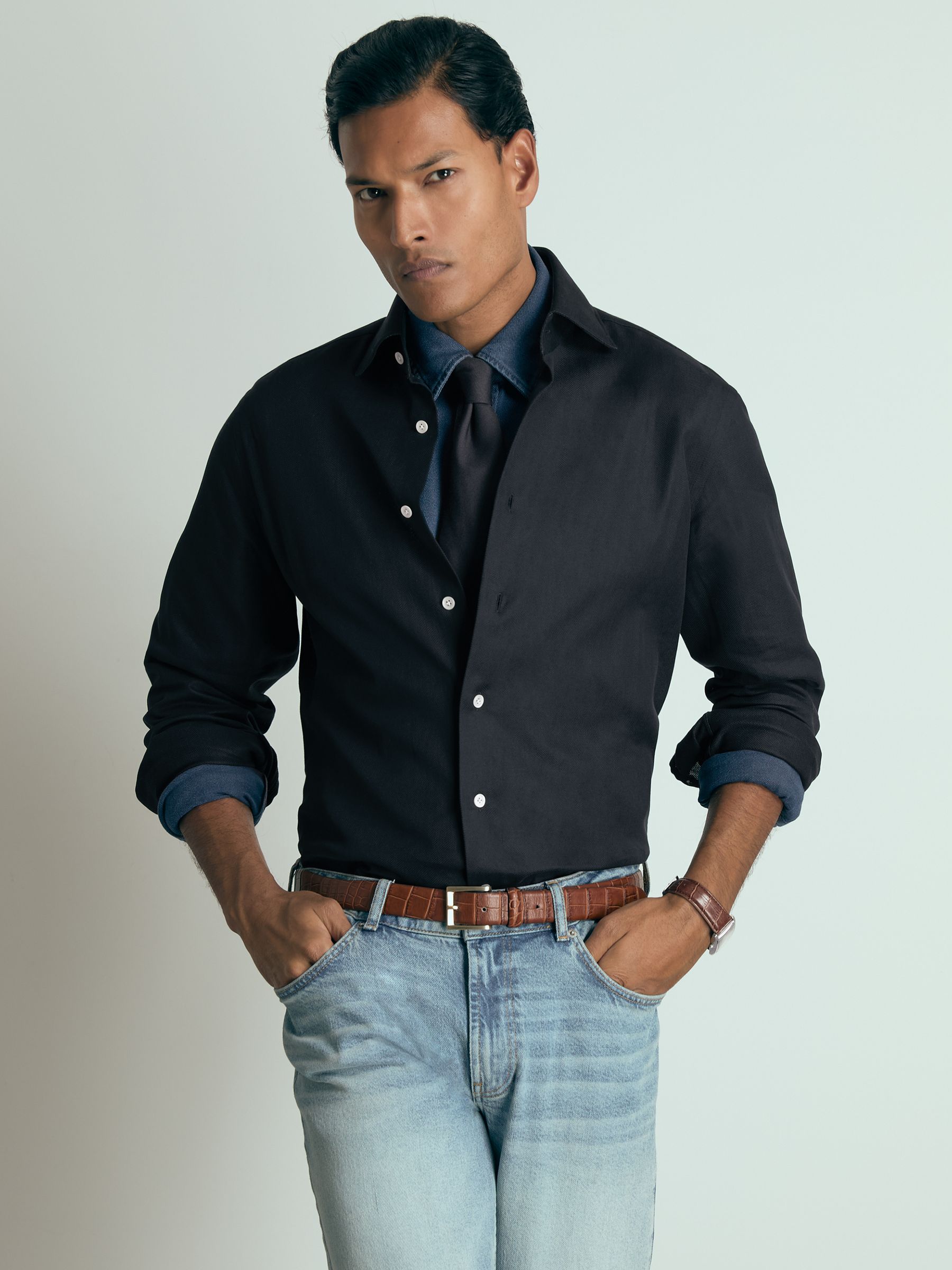 Atelier Cotton-Piqué Long-Sleeve Shirt in Navy