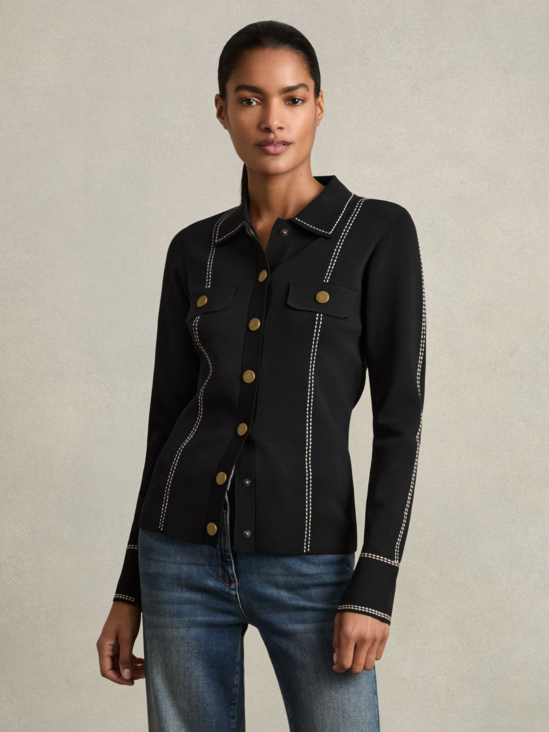 Compact-Knit Topstitched Press-Stud Top in Black