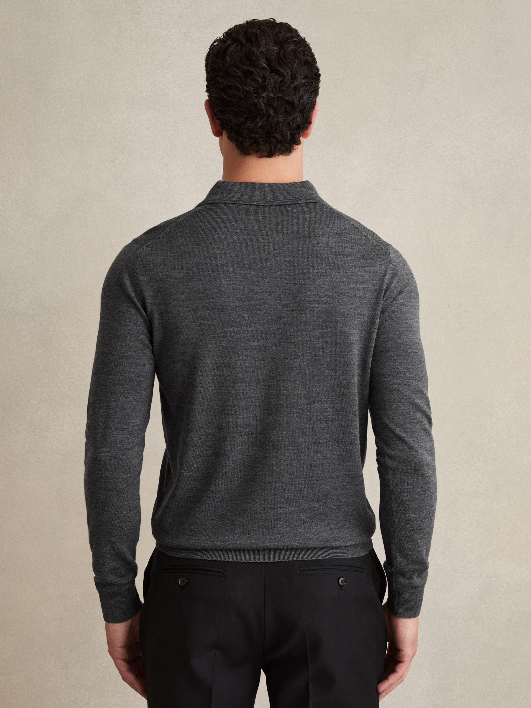 Merino Wool Long-Sleeve Polo Shirt in Derby Grey Marl