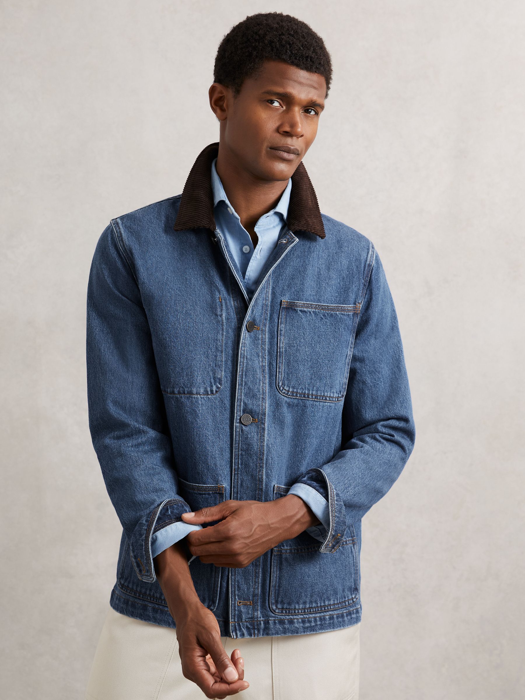 Corduroy Collar Denim Worker Jacket in Denim Blue