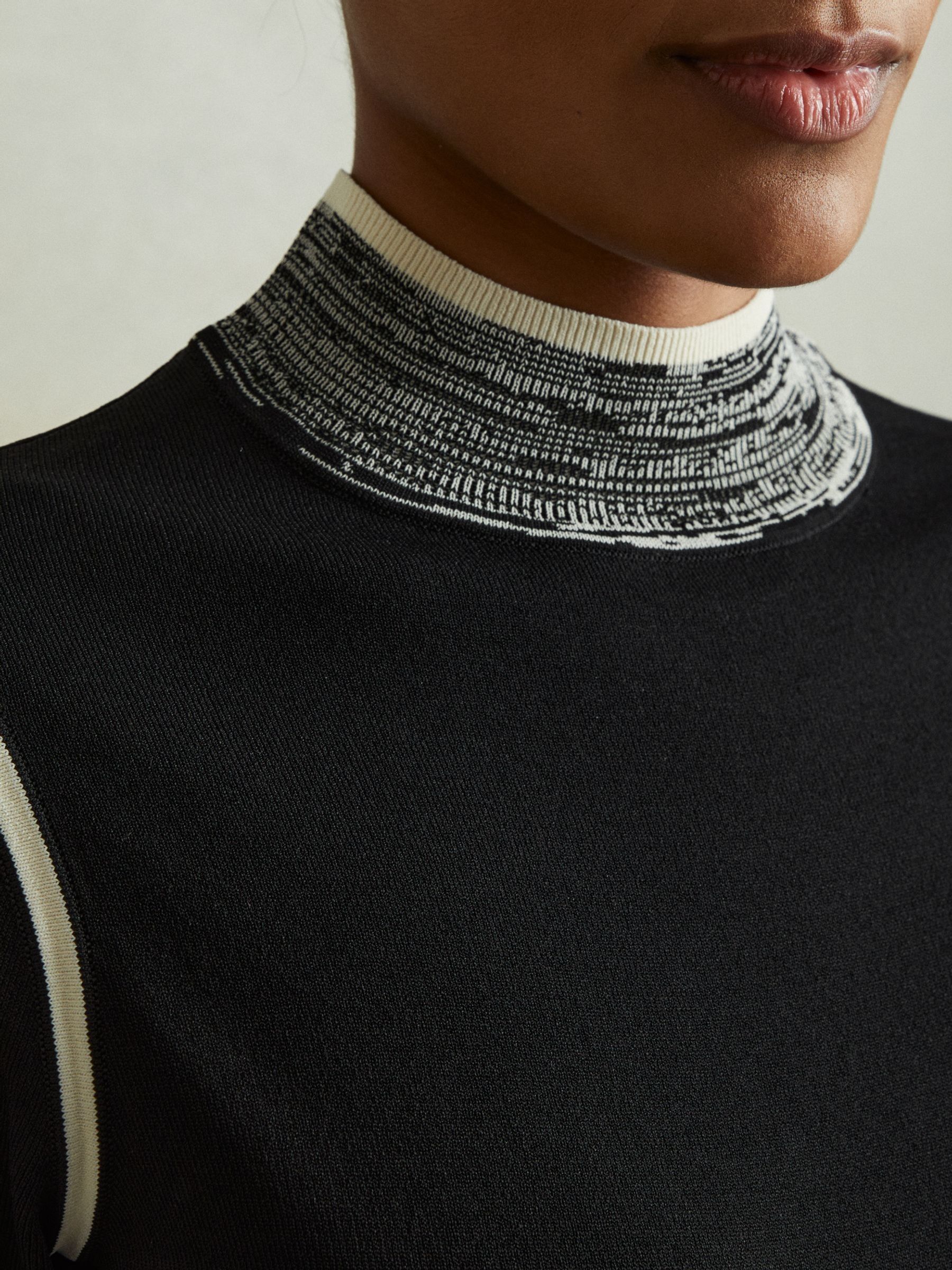 Knitted Contrast High Neck Jumper in Black/Cream