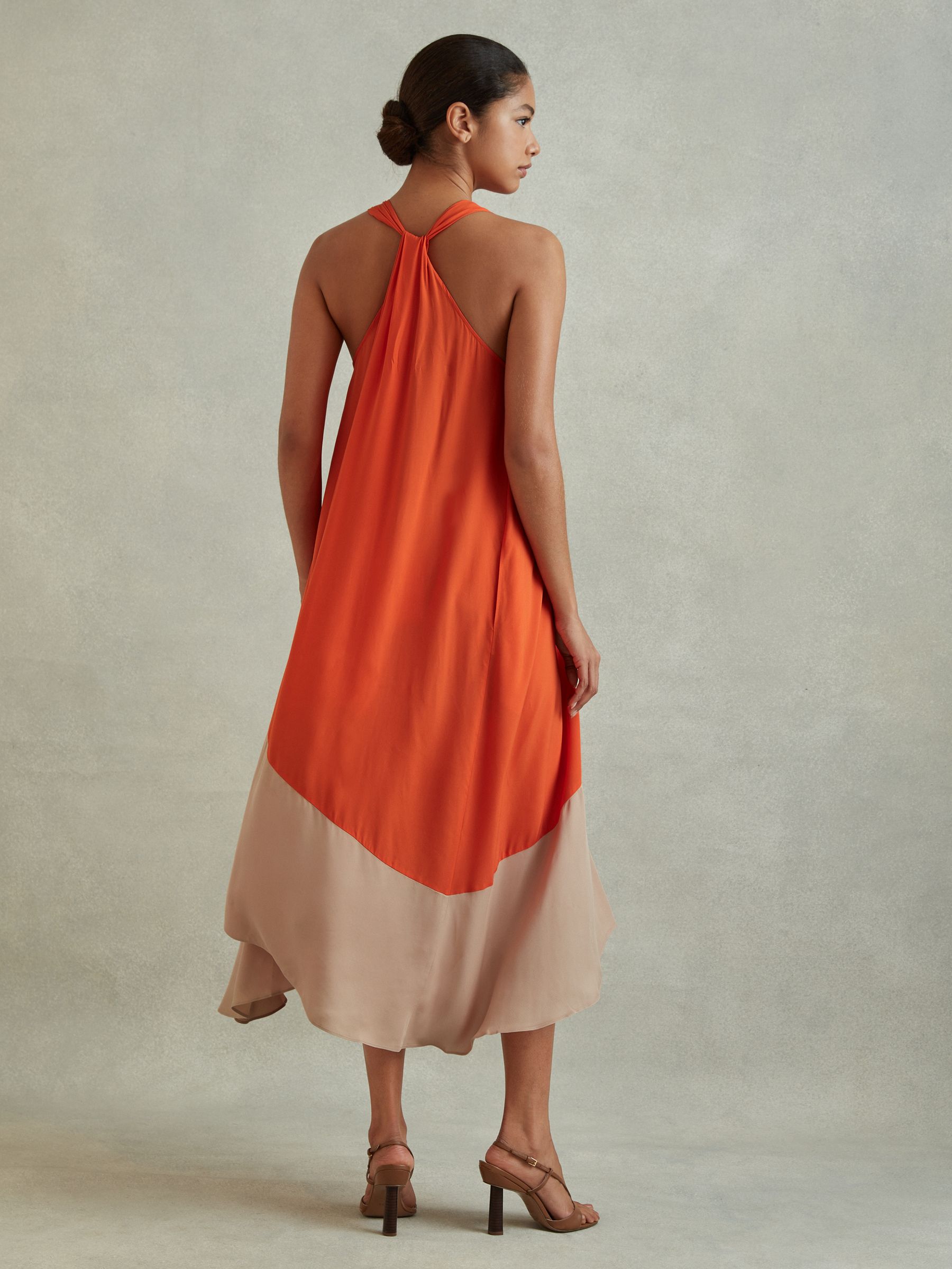 Ruched Dipped Hem Midi Dress in Orange