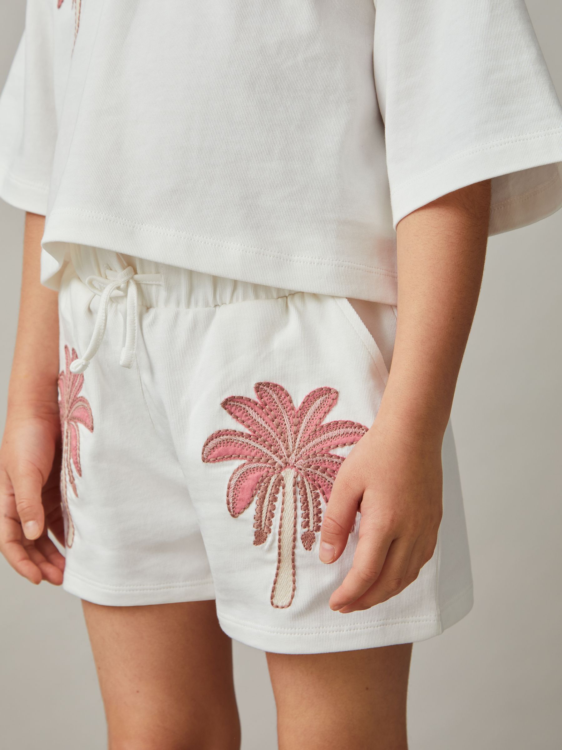 13-14 yrs Cotton Palm Tree Drawstring Shorts in Ivory