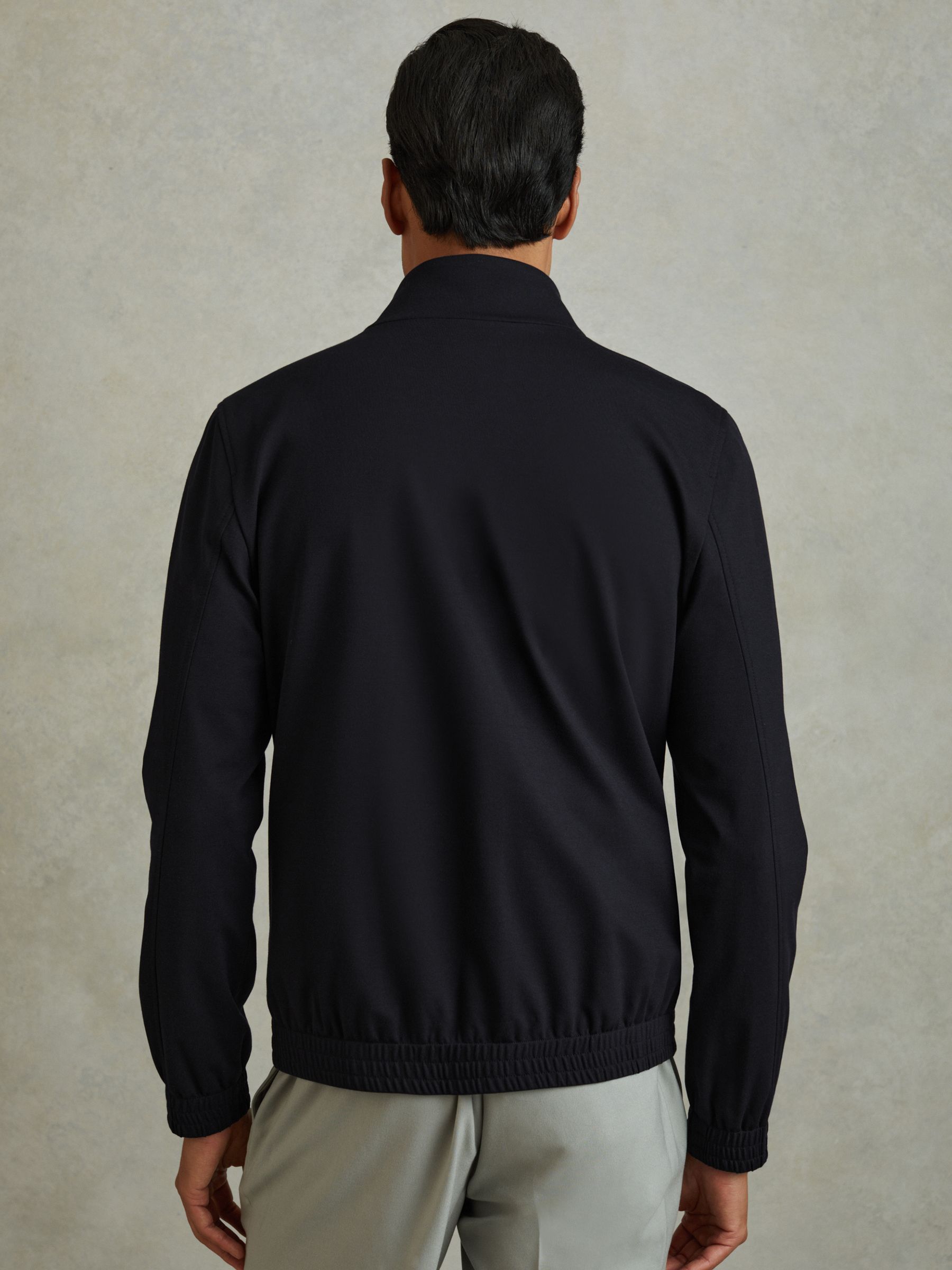Elasticated Hem Zip-Front Bomber Jacket in Navy