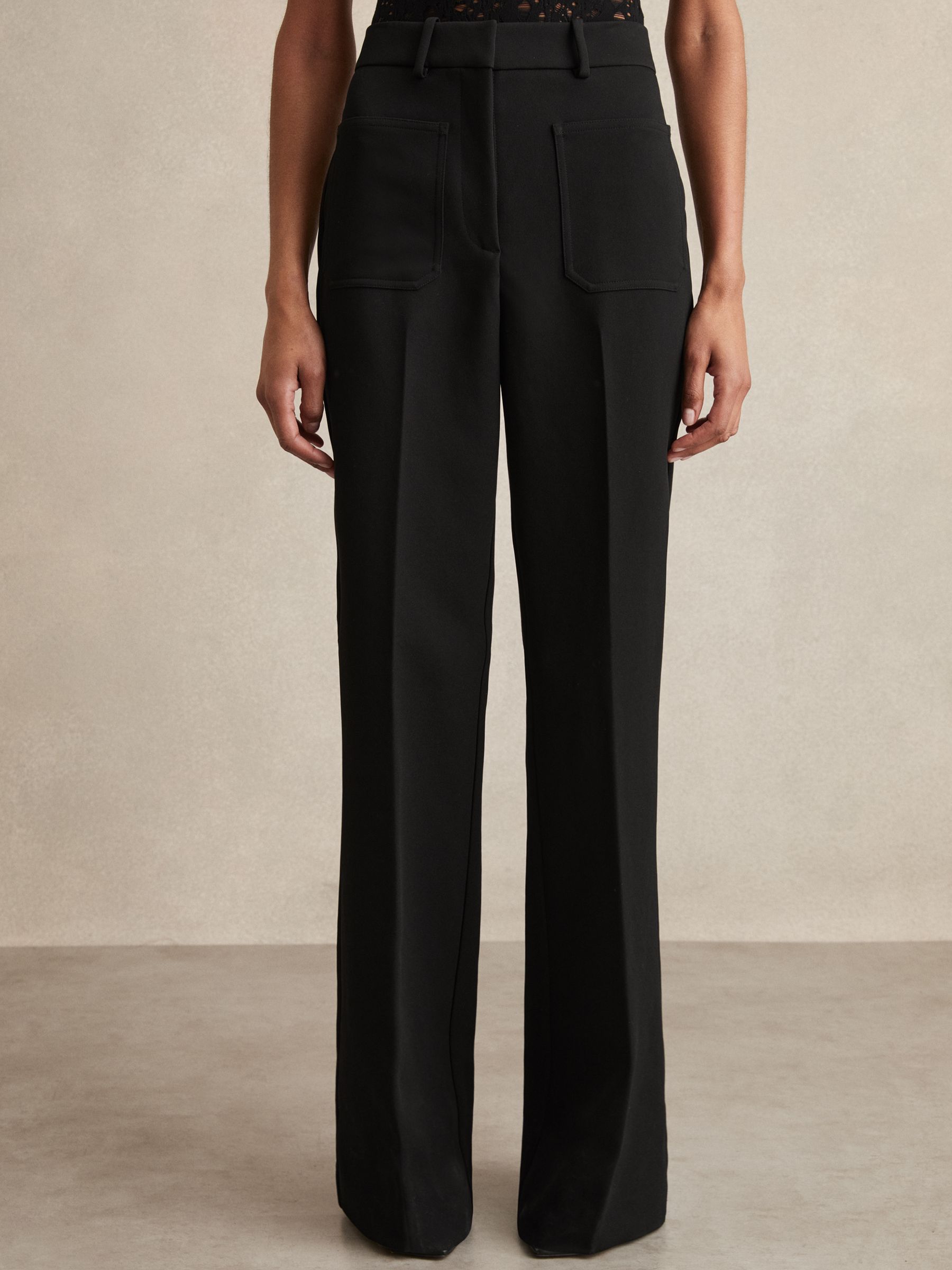 Twill Patch-Pocket Flared Trousers in Black