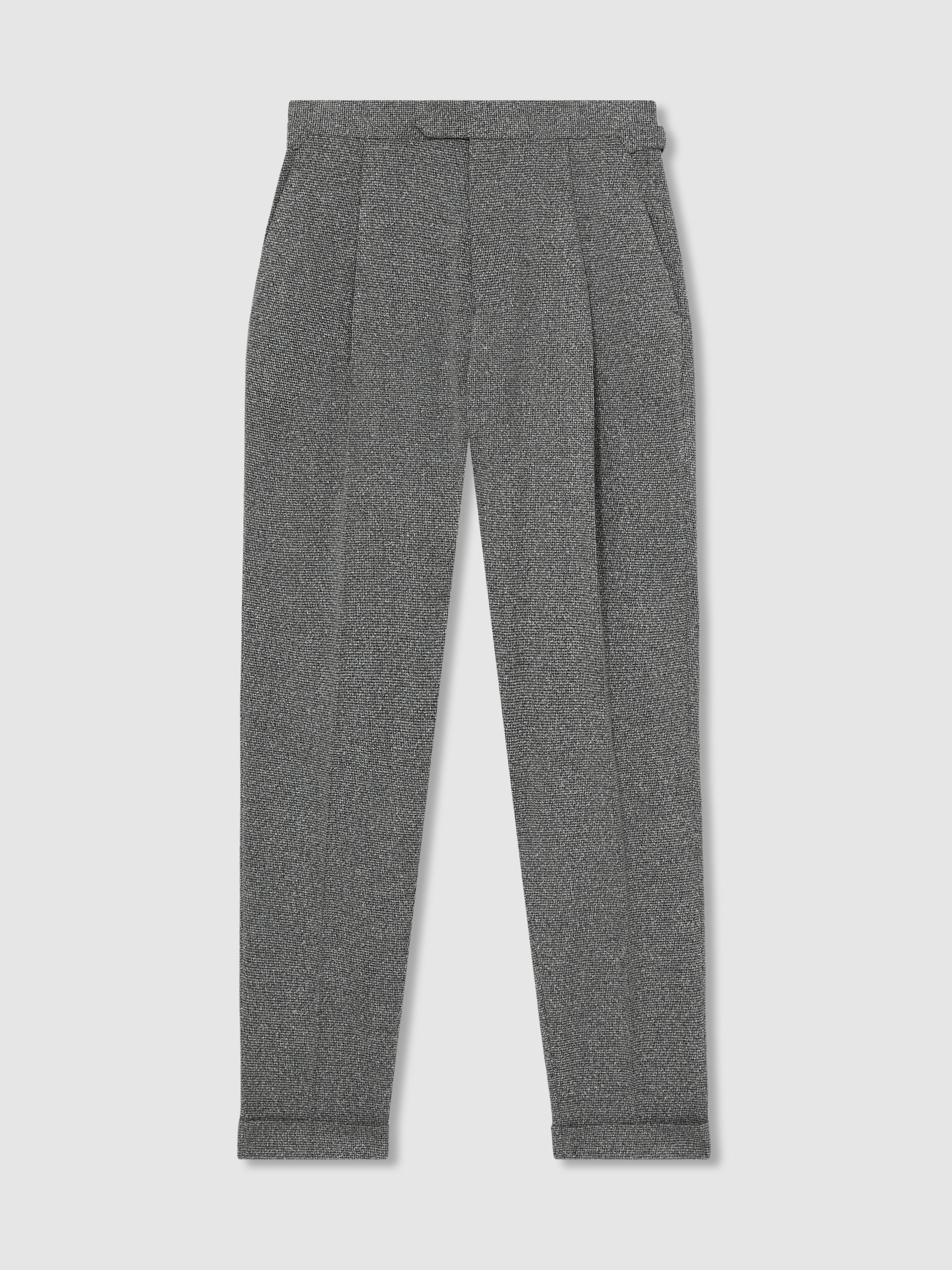 Puppytooth-Check Tailored Trousers in Soft Grey