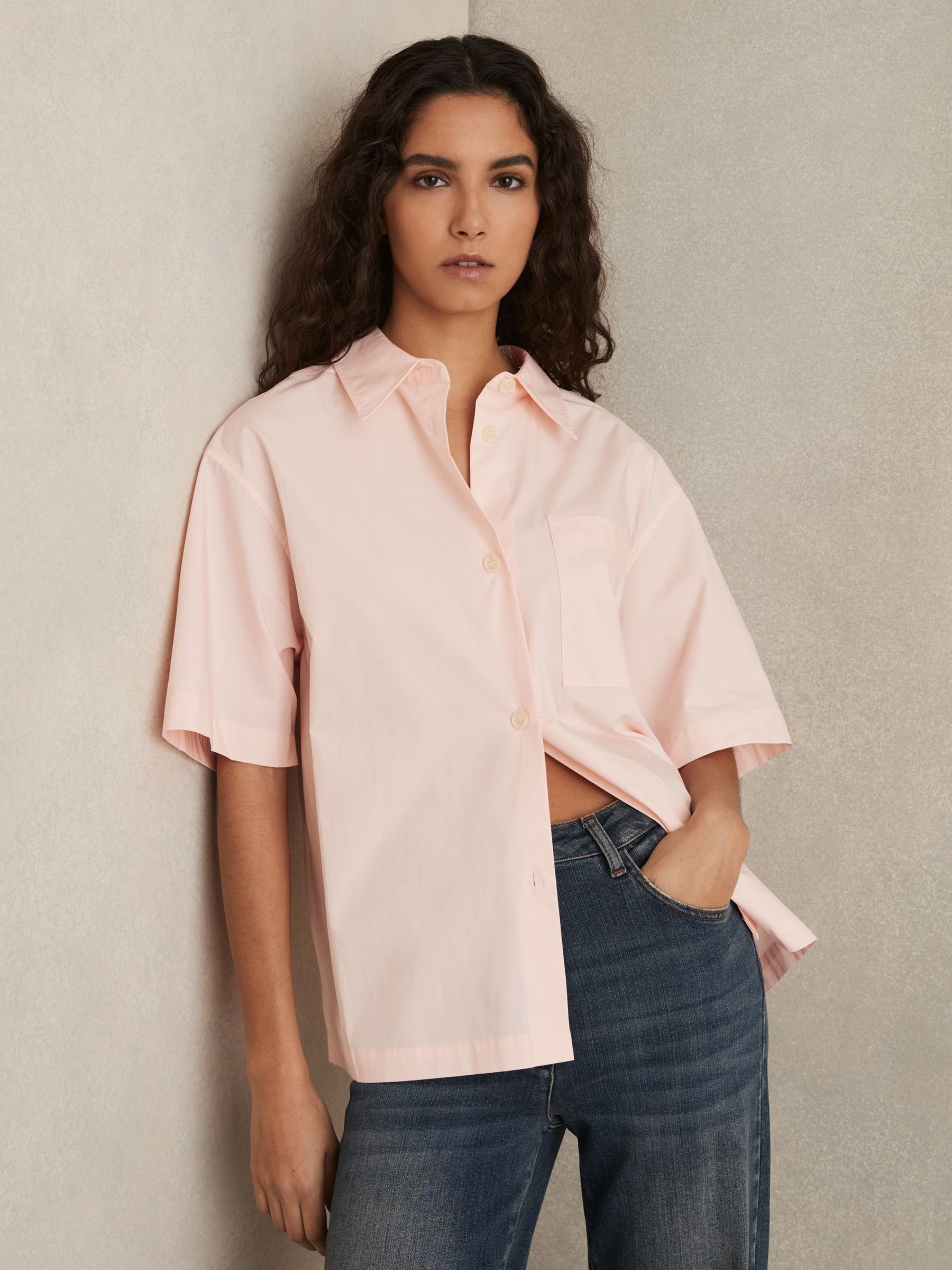 Cotton Short-Sleeve Shirt in Coral
