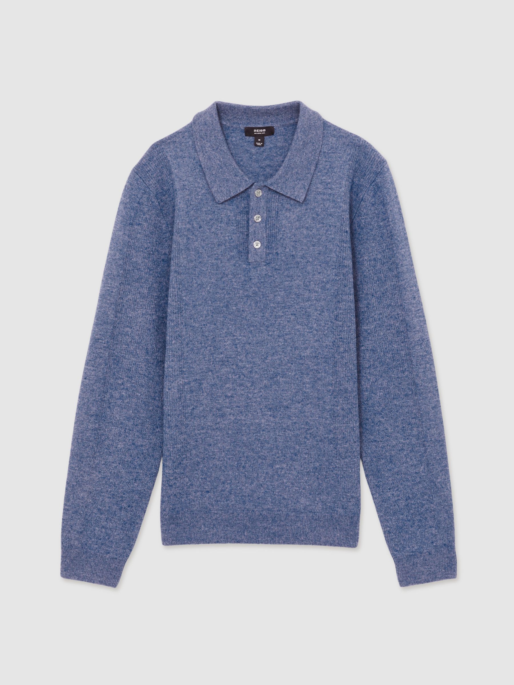 Wool Textured Long Sleeve Polo Shirt in Soft Blue