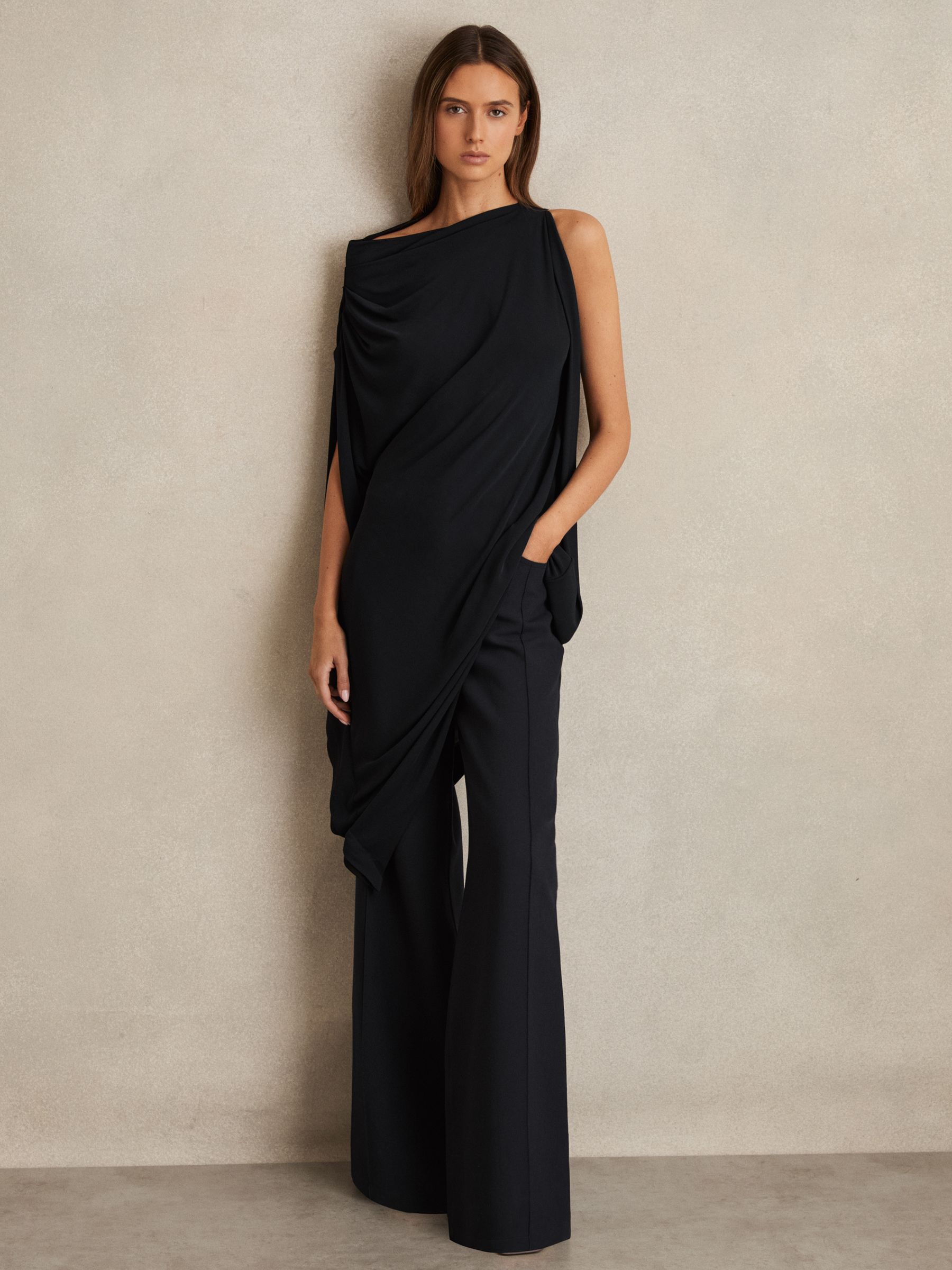 Asymmetric Draped Jersey Dress in Navy/Black