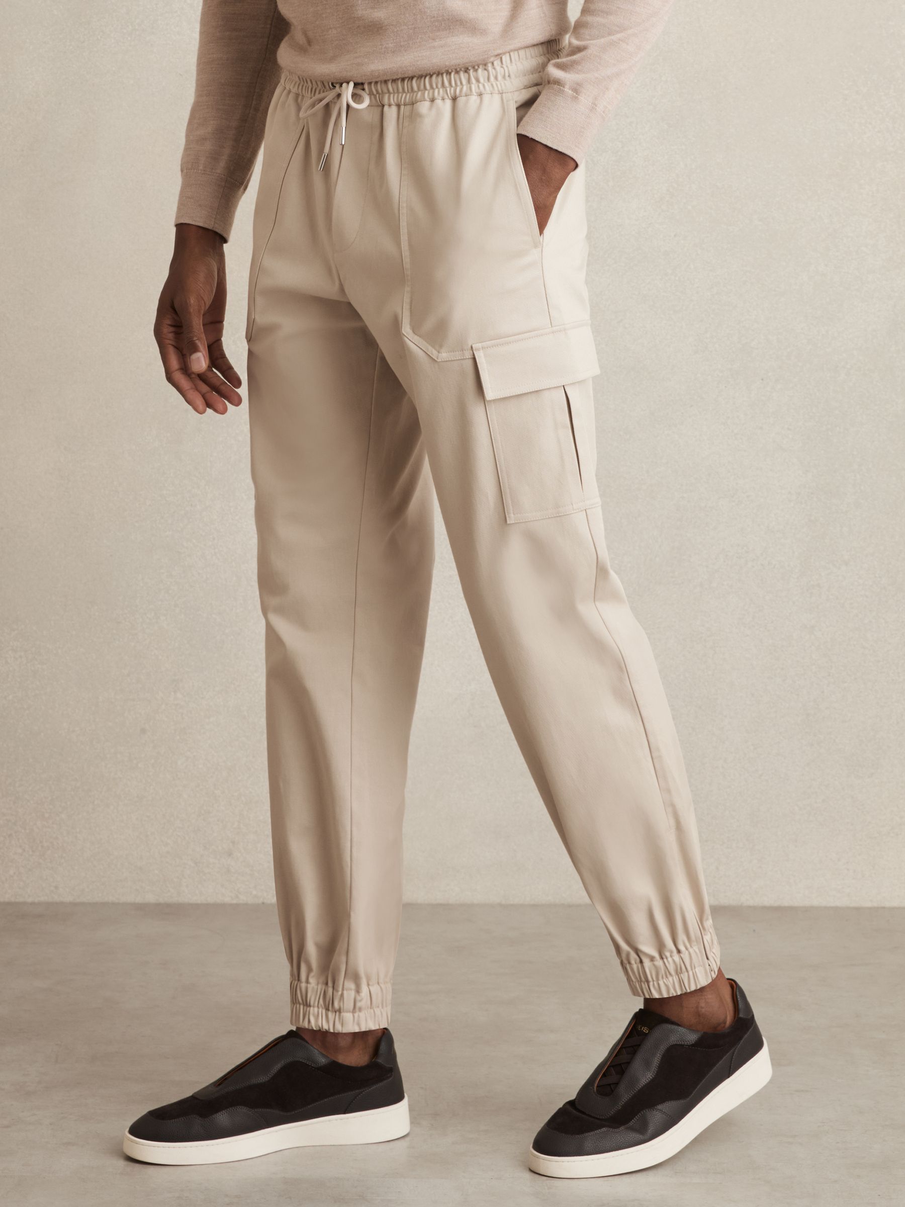 Cotton Drawstring Cargo Trousers in Stone