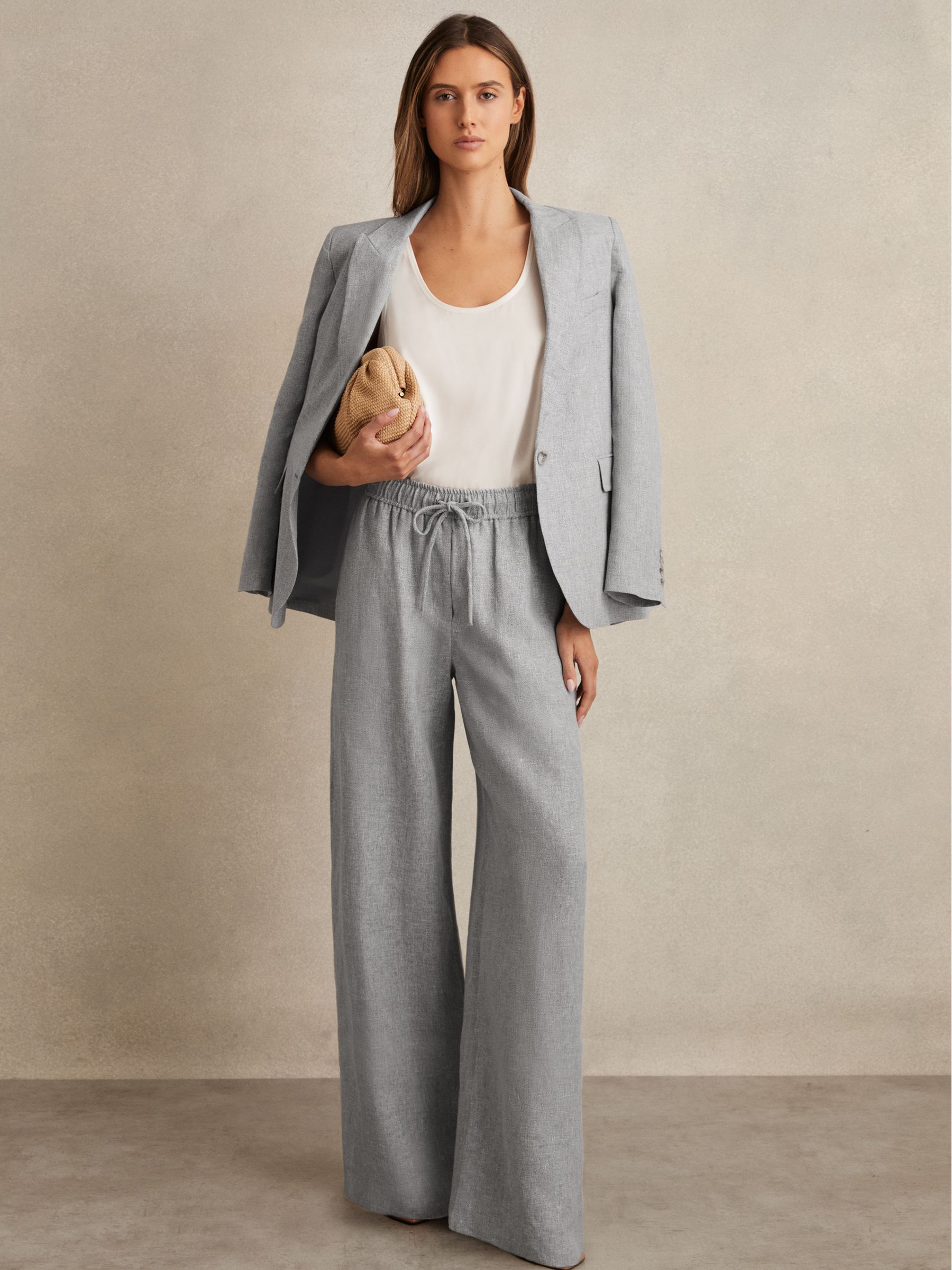 Linen-Blend Wide-Leg Trousers in Blue