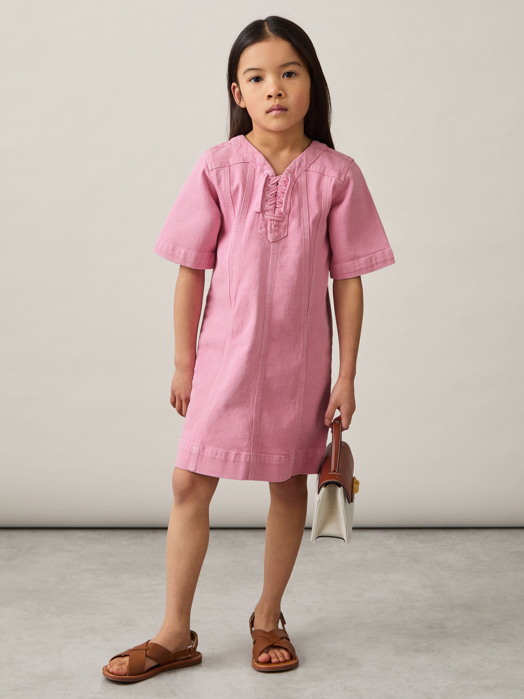 13-14 yrs Lace-Up Detail Denim Dress in Pink
