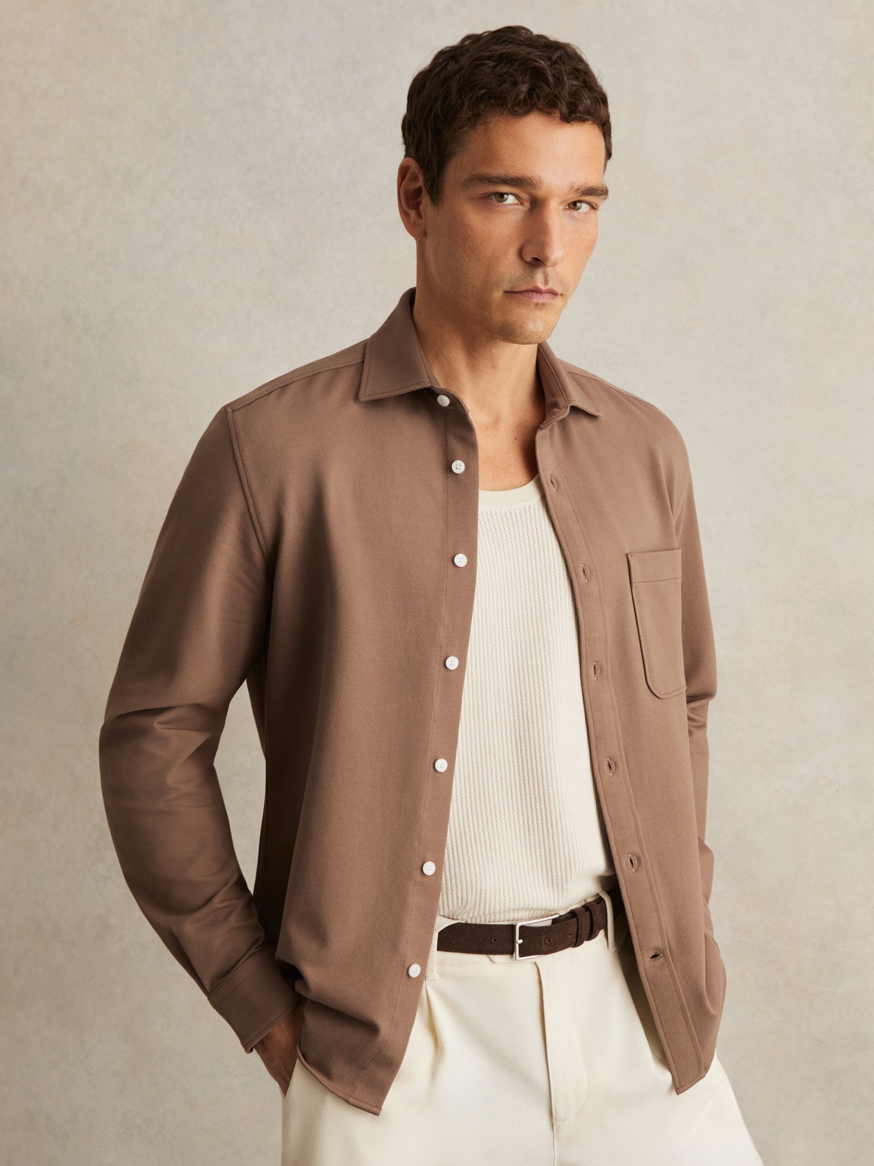 Cotton-Twill Cutaway-Collar Overshirt in Camel