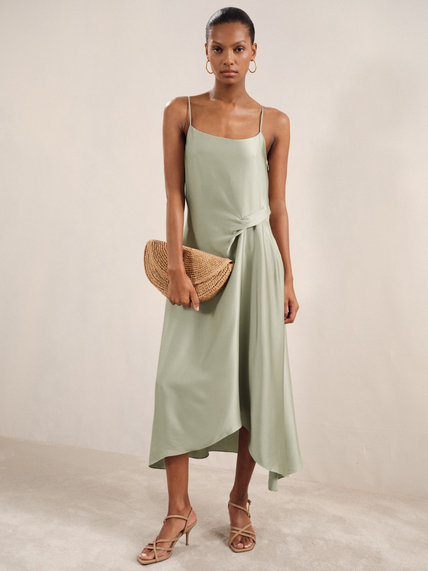 Satin Drape-Detail Slip Dress in Sage