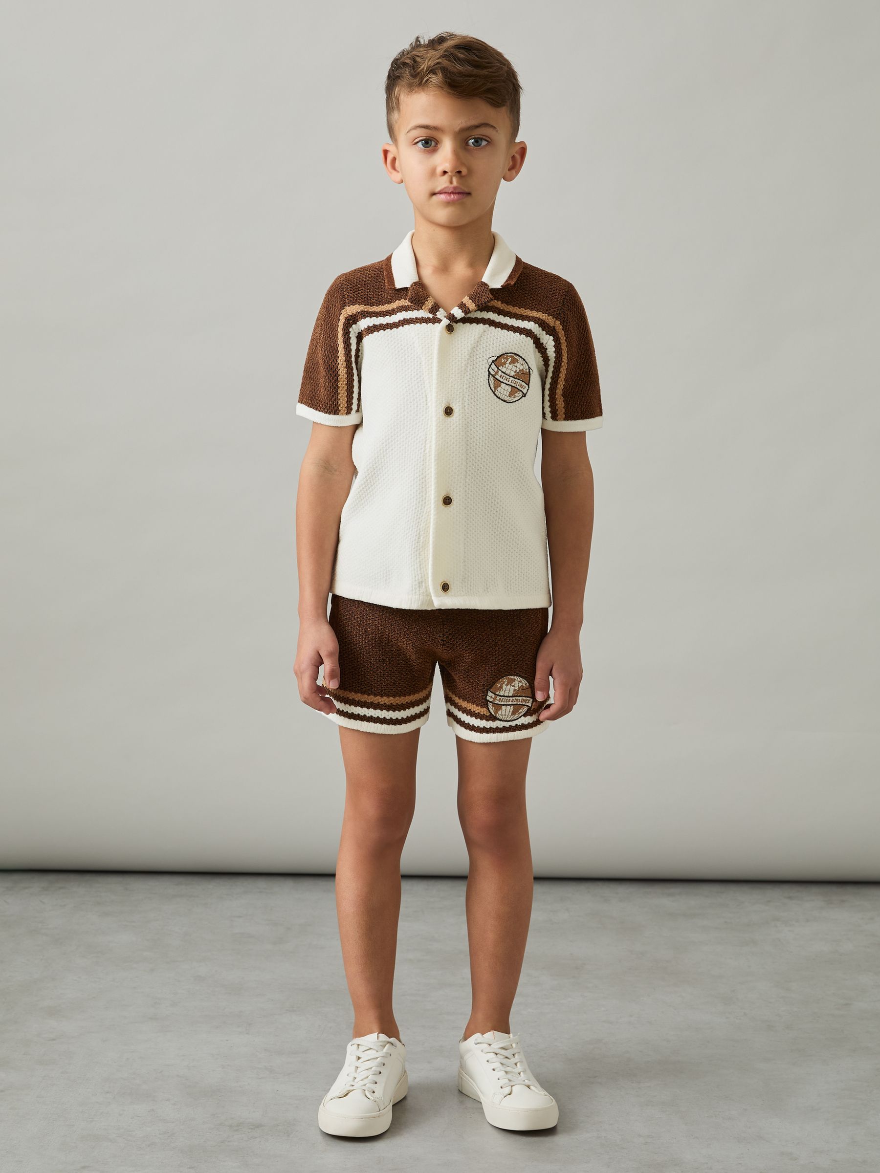 9-13 yrs Chenille Airlines Embroidery Shorts in Brown/Taupe Brown/White