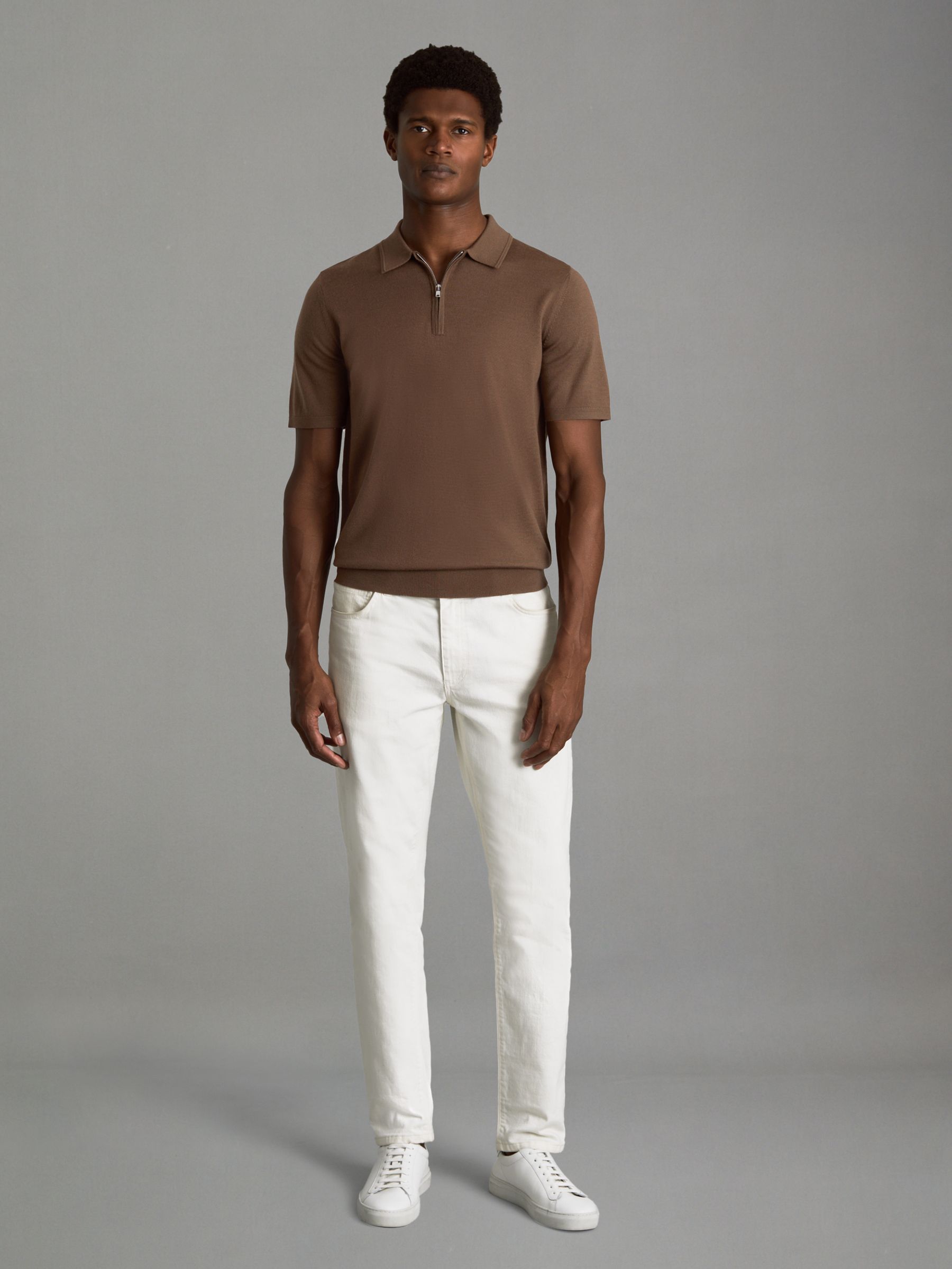 Merino Wool Half-Zip Funnel Neck Jumper in Pecan Brown