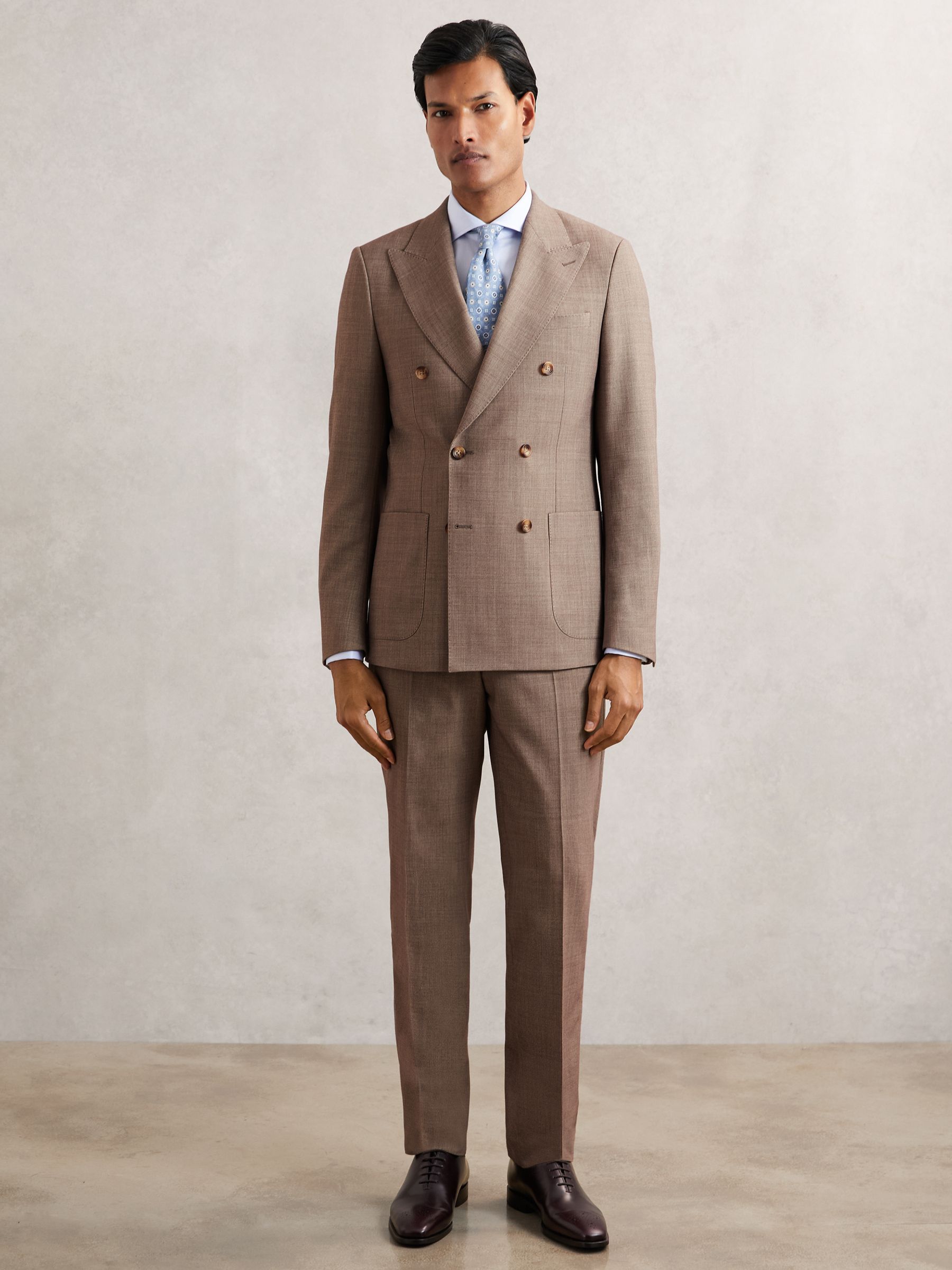 Double-Breasted Textured Suit Blazer Slim-Fit With Wool in Brown