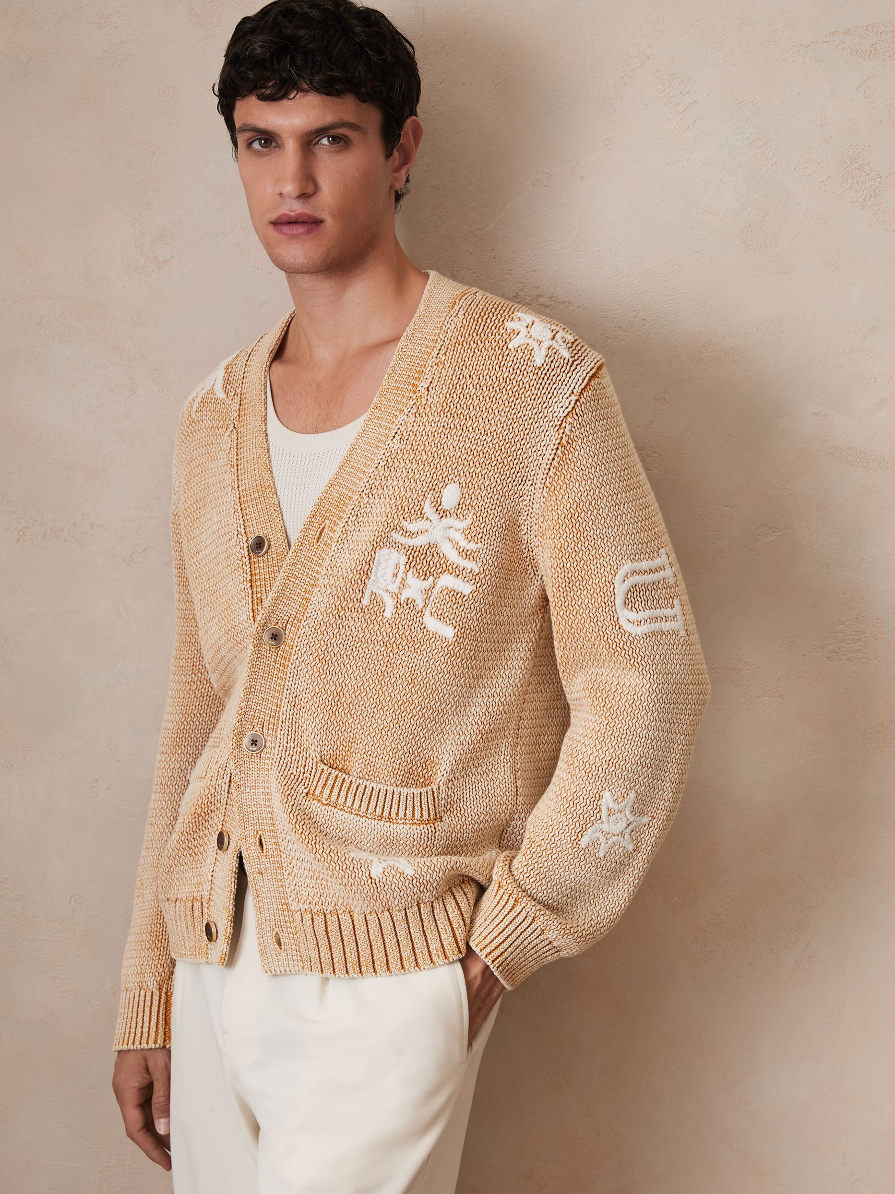 Reiss | Ché Motif-Embroidered Cardigan in Camel