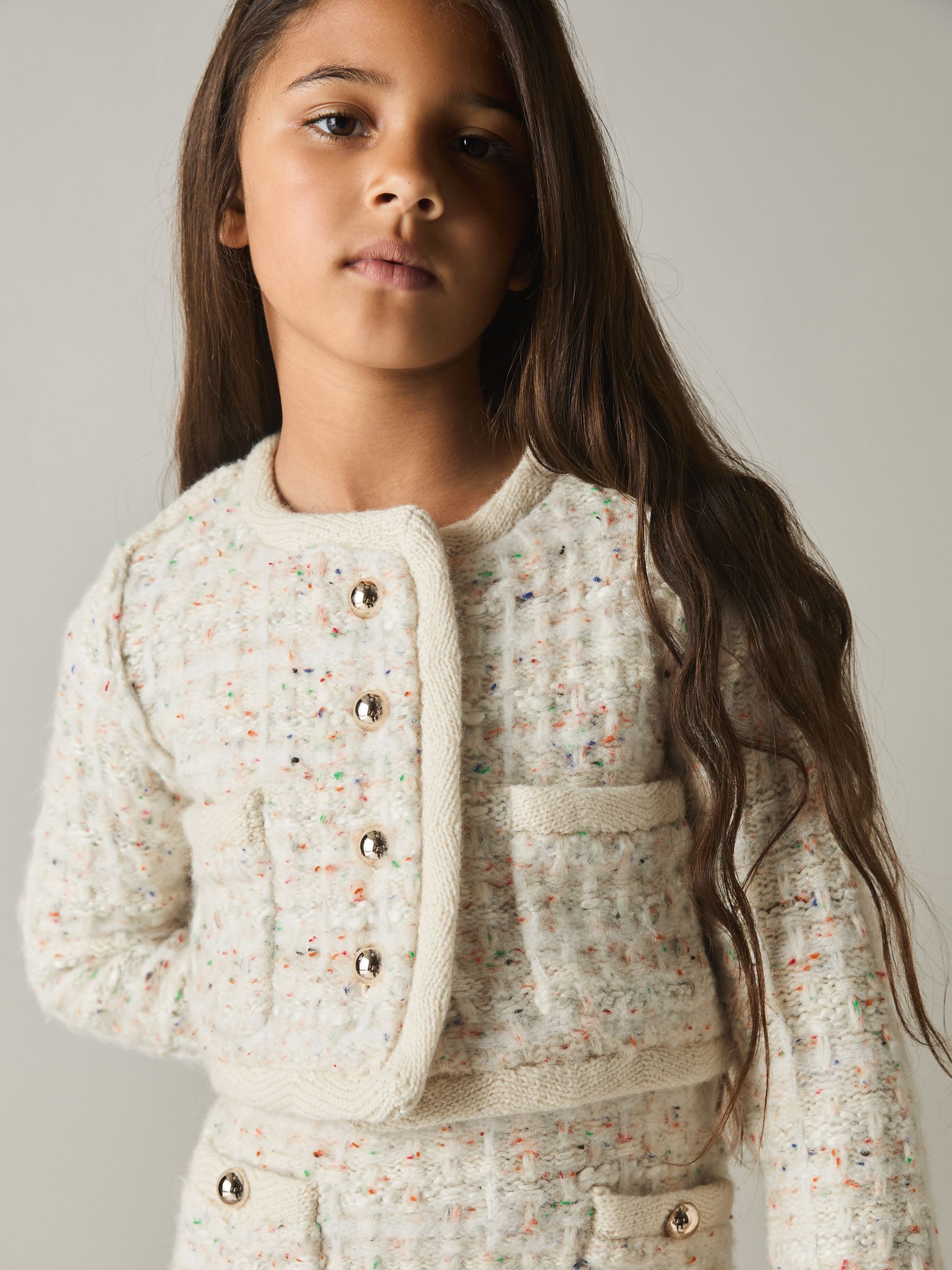 9-13 yrs Tweed-Effect Knitted Jacket with Merino in Cream