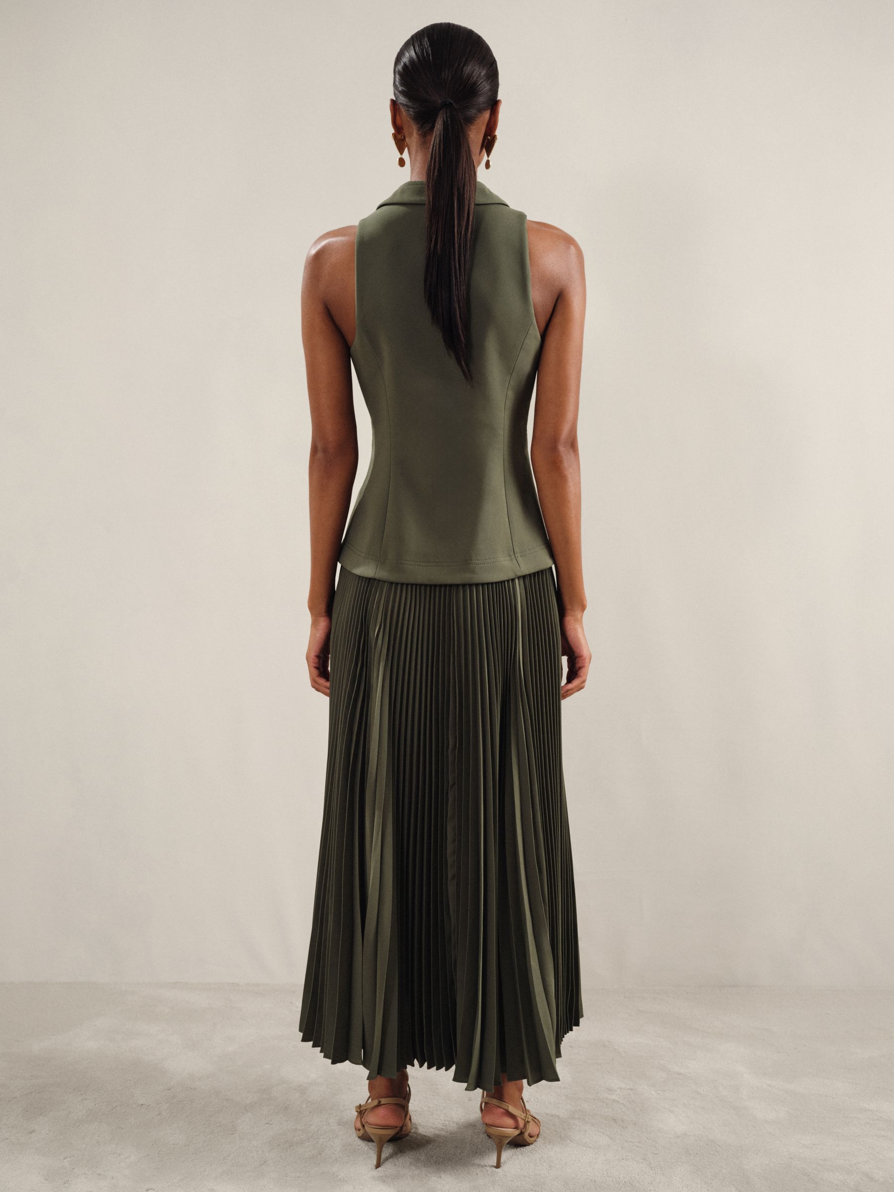 Acler Dark Olive Green Waistcoat Bodice Pleated Dress in Dark Olive Green