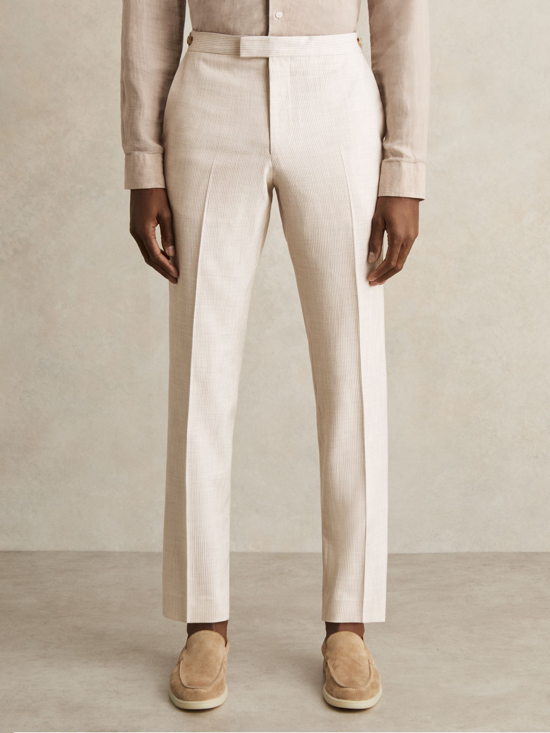 Slim-Fit Pinstripe Suit Trousers in Oatmeal/White