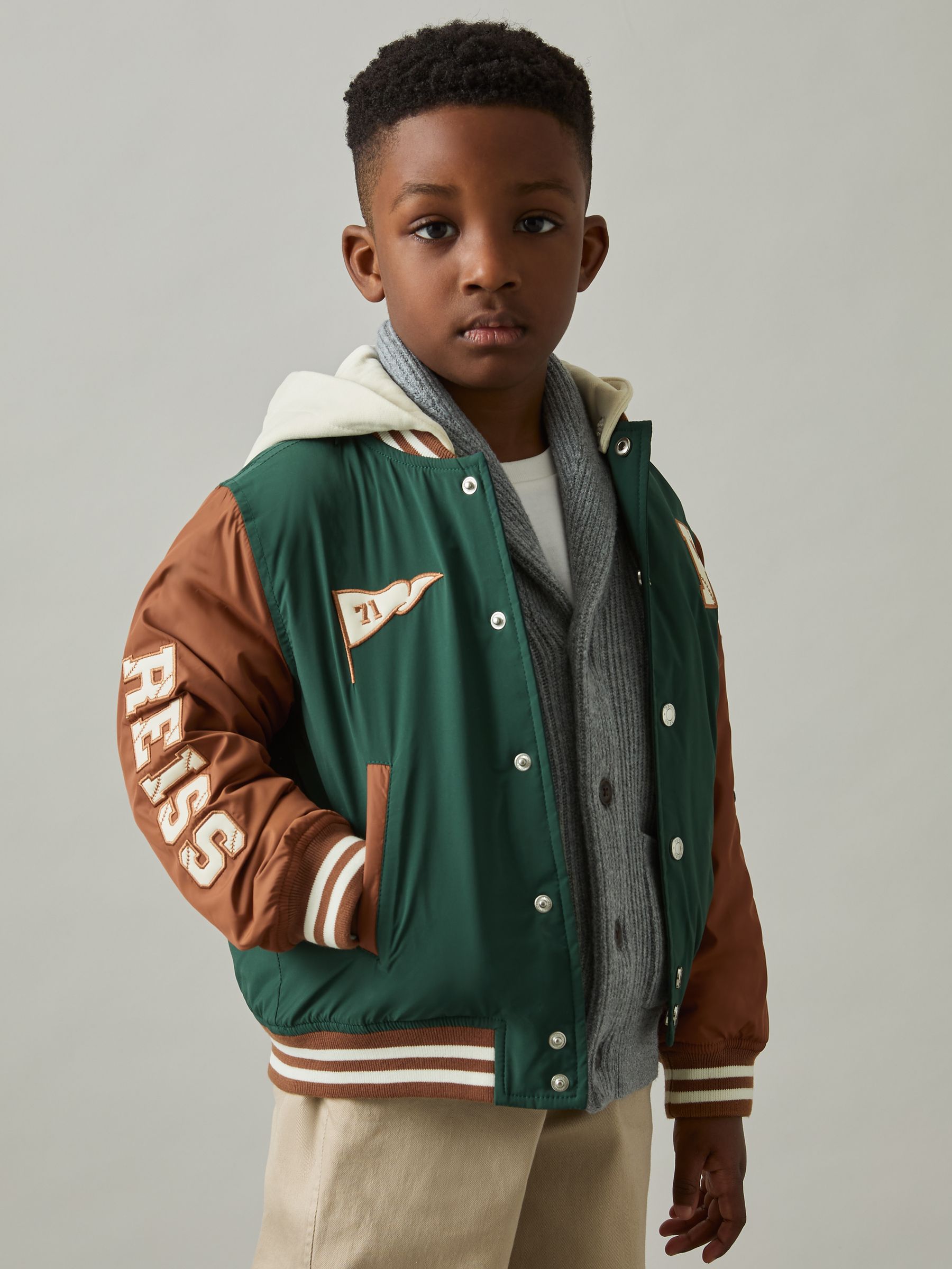 3-9 yrs Home-Run Colourblock Bomber Jacket in Green/Tobacco Brown