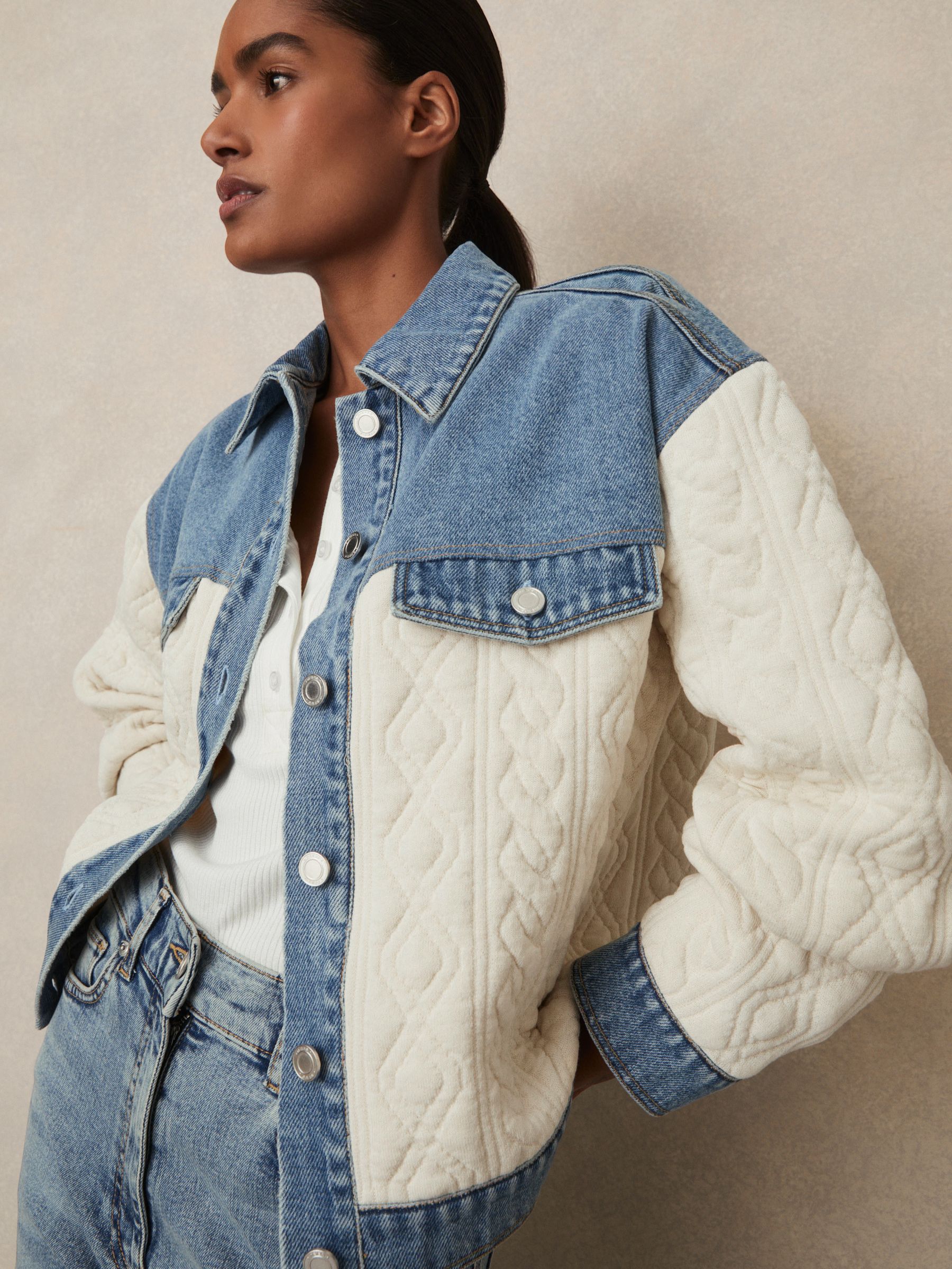 Quilted Colour Block Denim Jacket in Denim Blue